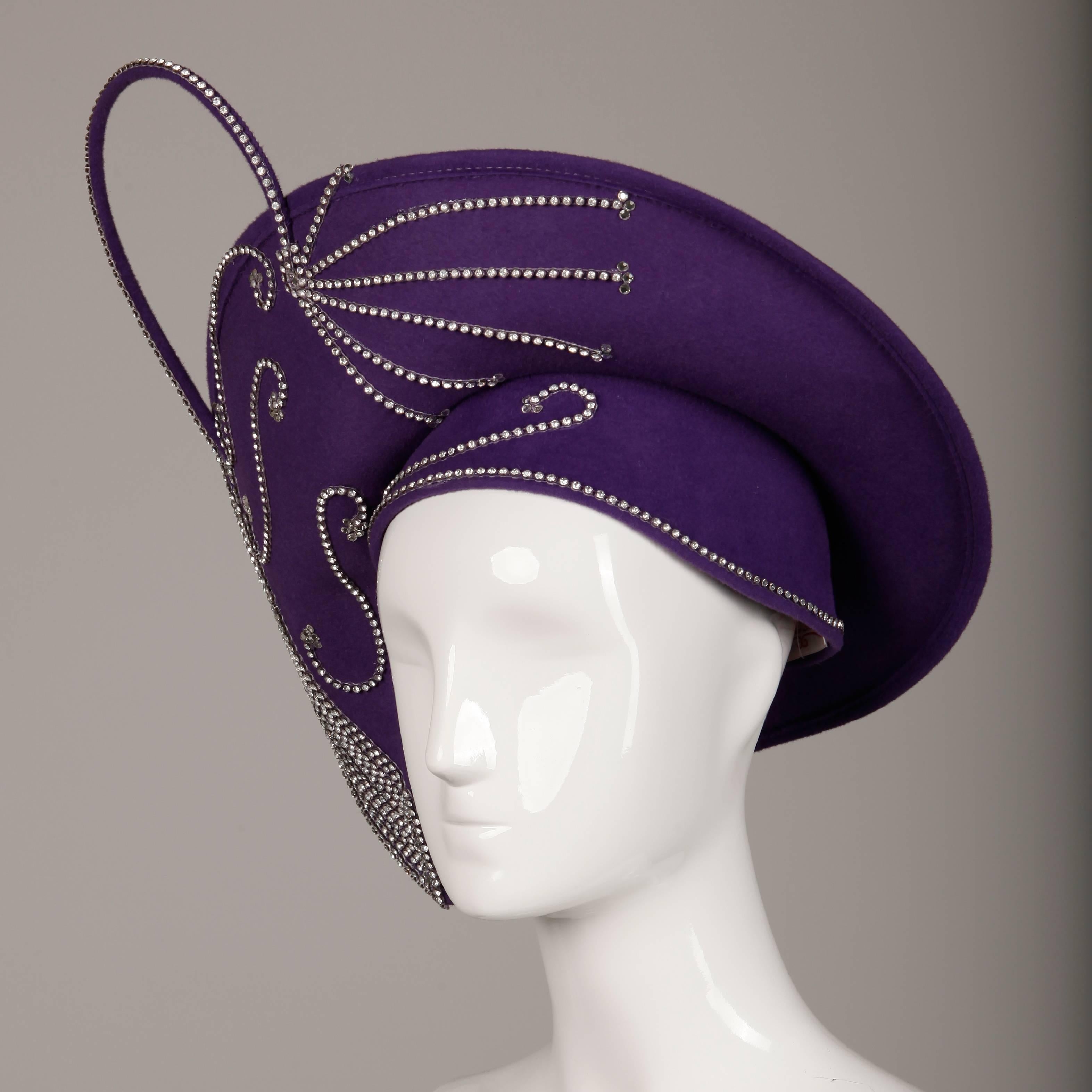 Black George Zamau'l Vintage Avant Garde Purple Rhinestone Wool Hat Unworn with Tags  For Sale