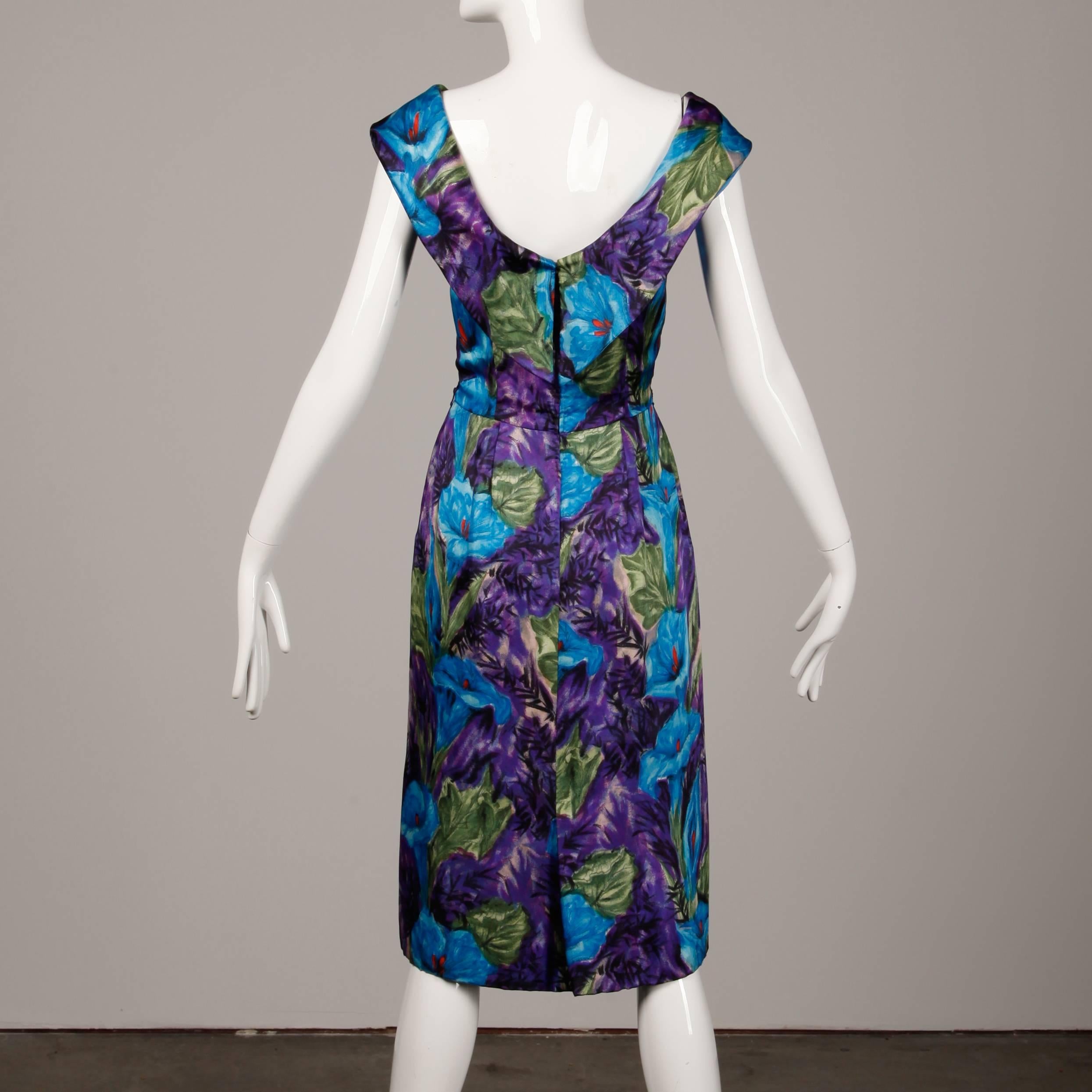 1960s Vintage Blue Watercolor Floral Print Silk Cocktail Sheath Dress 1