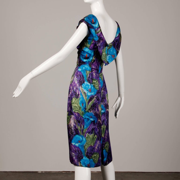 Women's 1960s Vintage Blue Watercolor Floral Print Silk Cocktail Sheath Dress
