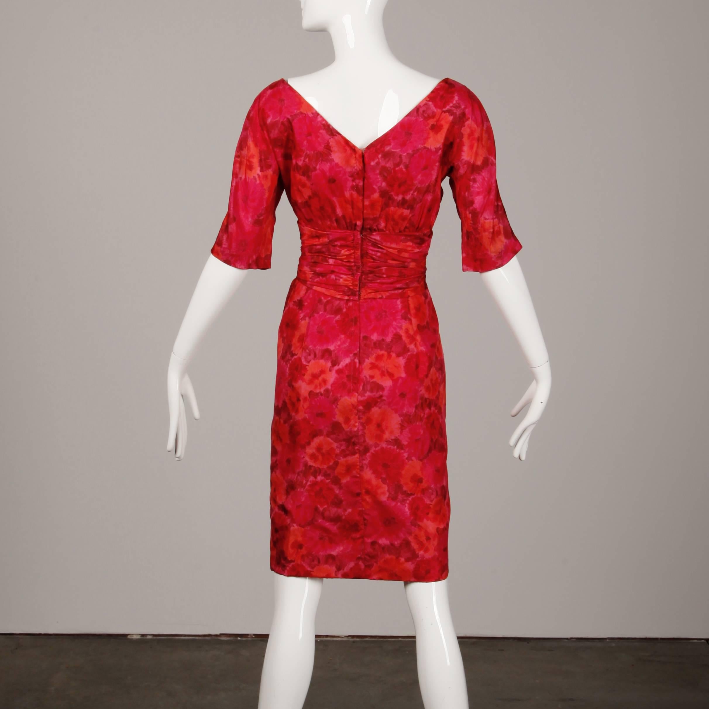 1960s Gigi Young Vintage Pink + Red Floral Print Silk Cocktail Sheath Dress In Excellent Condition In Sparks, NV