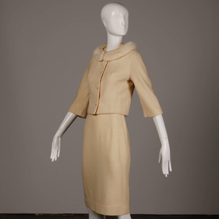 1960s Bullock's Vintage Cream Wool Jacket + Skirt Suit Ensemble with ...