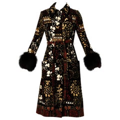 manteau vintage en velours imprimé Traina Teal des années 1970 avec manchettes en fourrure de renard noir