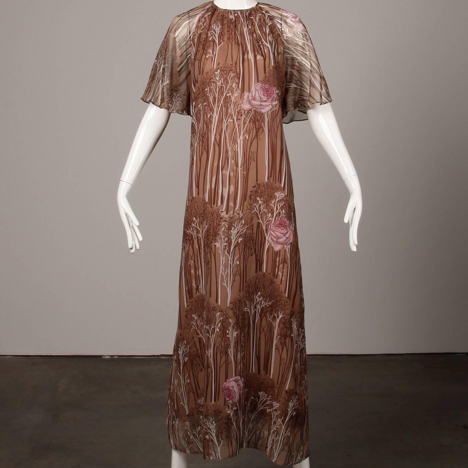 1970s Hanae Mori Vintage Flower + Tree Print Maxi Dress with Flutter Sleeves 2