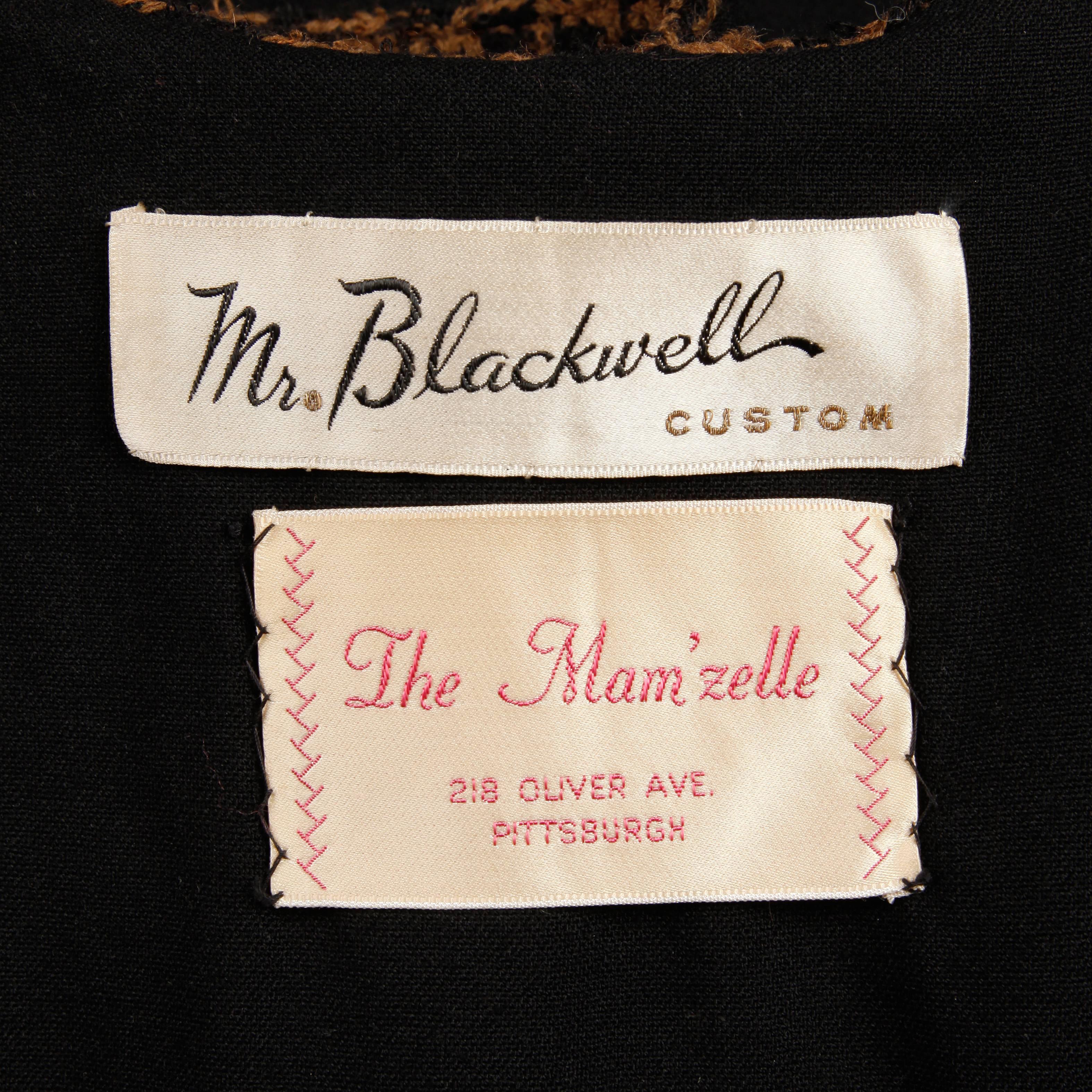 Boxy vintage 1960s Mr. Blackwell schwarz und braun Wolle Hahnentritt Jacke. Vollständig gefüttert, mit Knopf und Druckknopfverschluss auf der Vorderseite. Versteckte Vordertaschen. Passt wie eine moderne kleine Größe. Die Büste misst 37,5