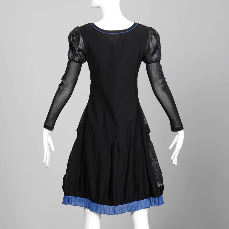 1990s Krizia Vintage Blue + Black Avant Garde Mesh Goth Parachute Dress
