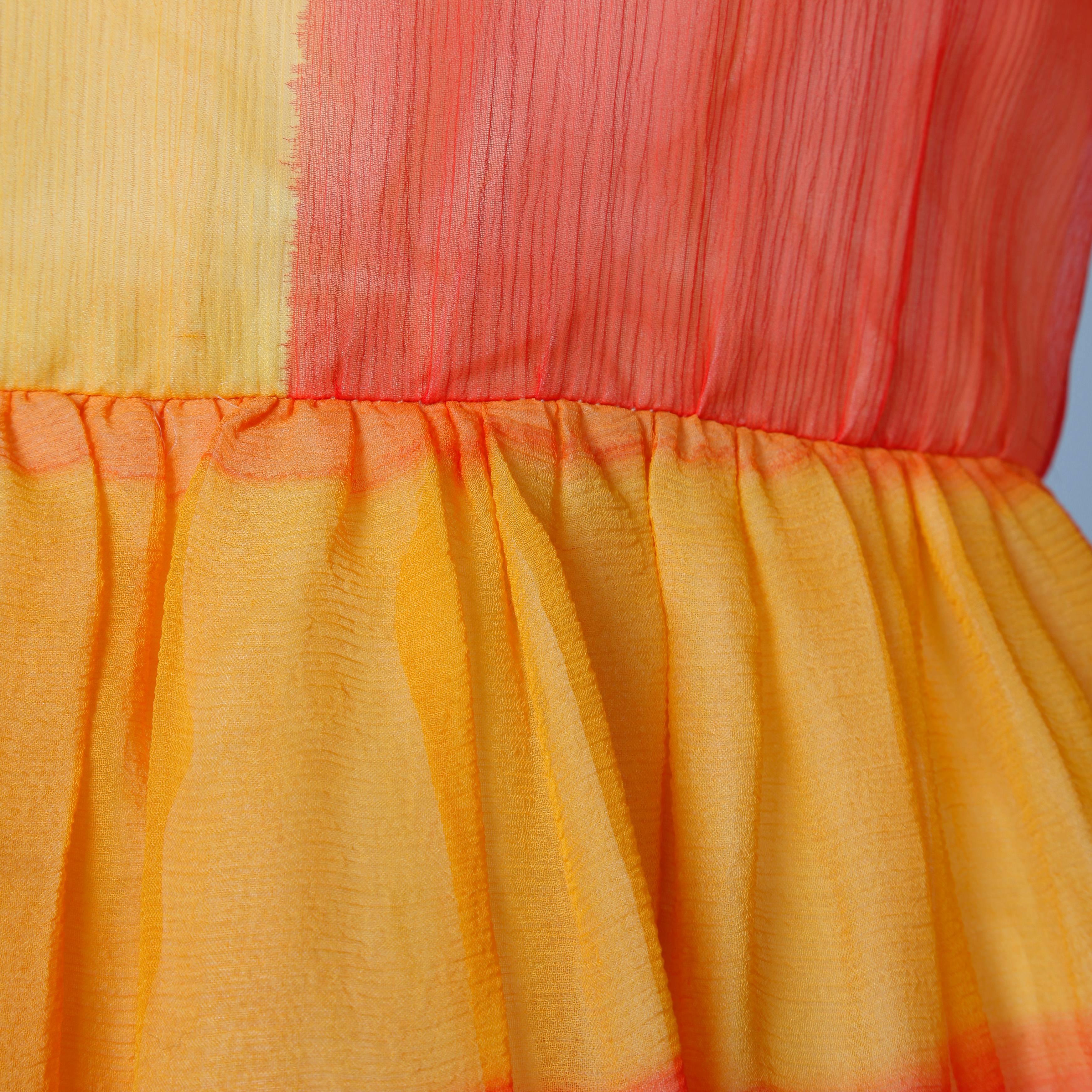 1960s Kiki Hart Vintage Bright Rainbow Dyed Color Block Silk Chiffon Dress In Excellent Condition In Sparks, NV