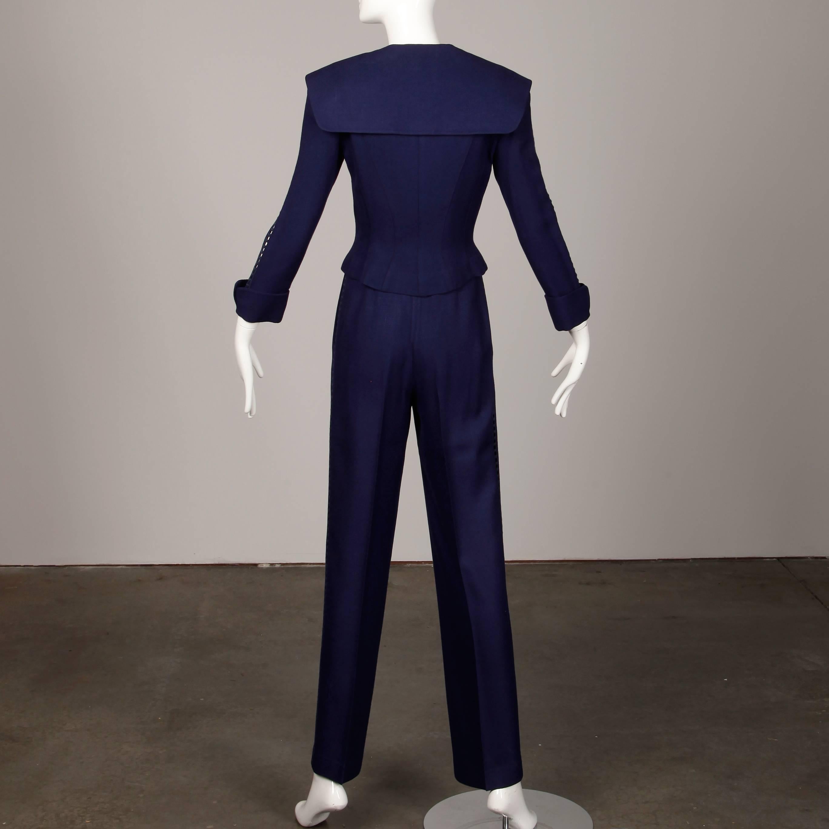 Women's 1980s Thierry Mugler Vintage Navy Blue Cut Out Jacket + Pants Suit Ensemble