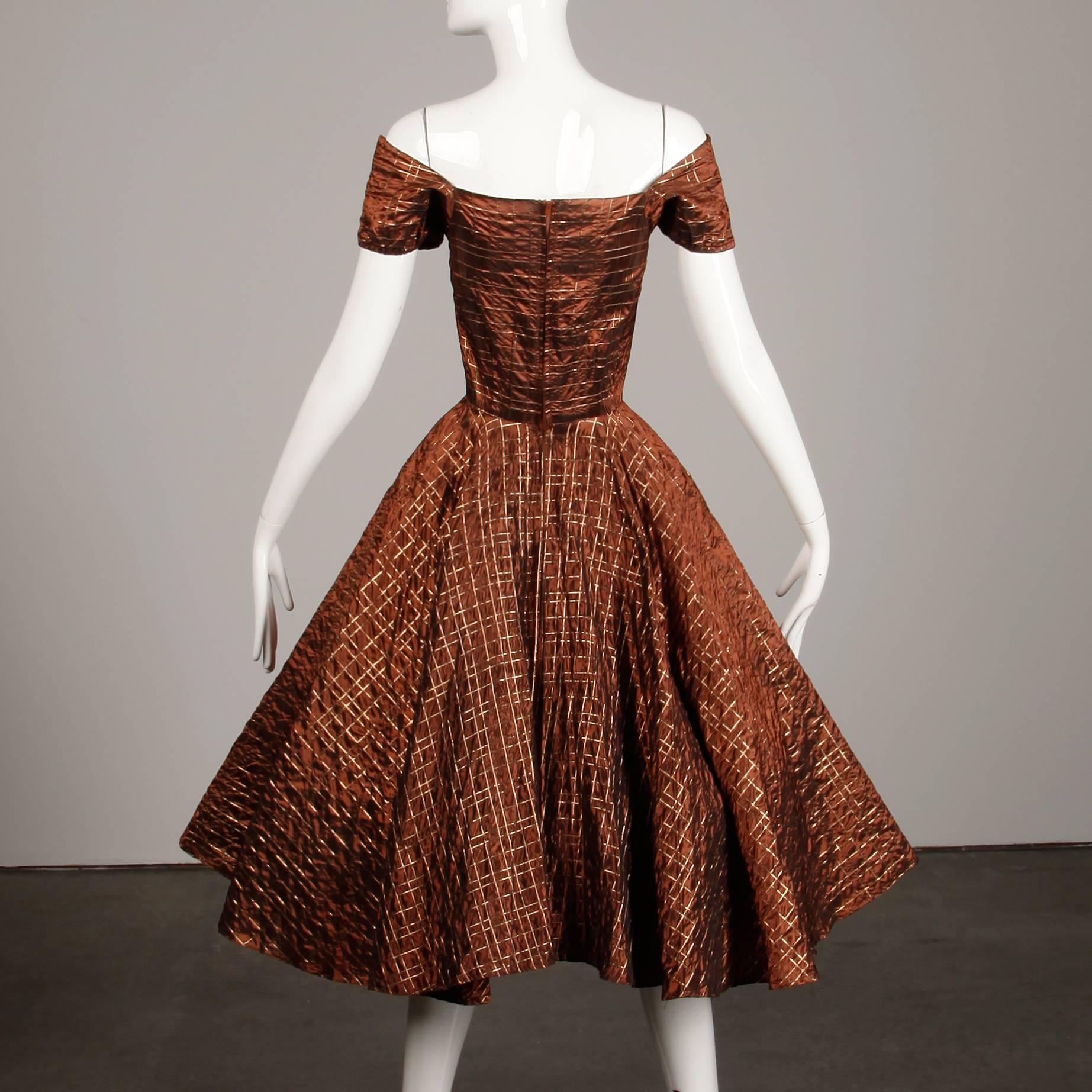 1950s Vintage Brown Copper Taffeta Embroidered Full Circle Sweep Cocktail Dress 1