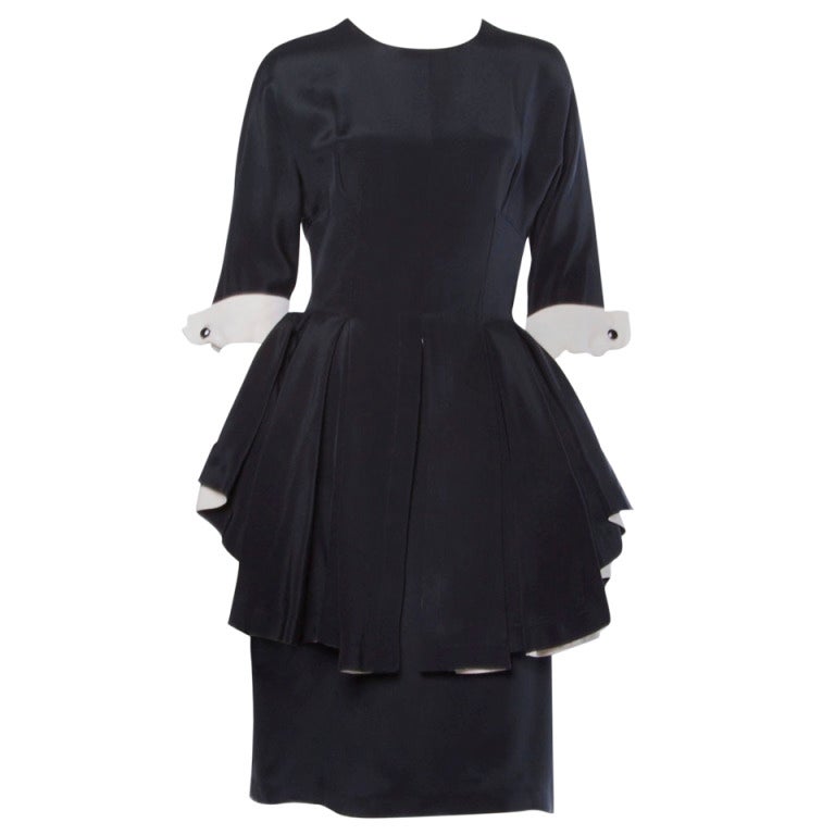Bernard Perris Paris Vintage Stunning Black and Off White Silk Peplum Dress For Sale