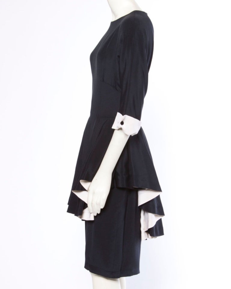 Women's Bernard Perris Paris Vintage Stunning Black and Off White Silk Peplum Dress For Sale