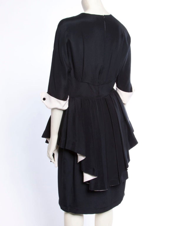 Bernard Perris Paris Vintage Stunning Black and Off White Silk Peplum Dress In Excellent Condition For Sale In Sparks, NV
