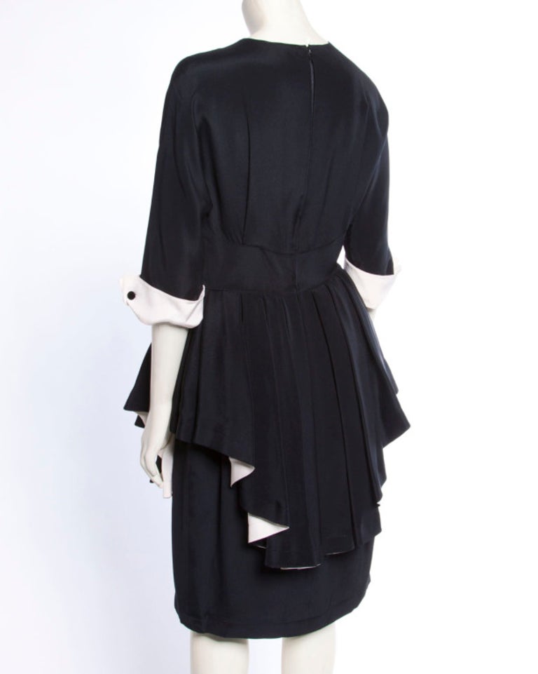 Bernard Perris Paris Vintage Stunning Black and Off White Silk Peplum Dress For Sale 2