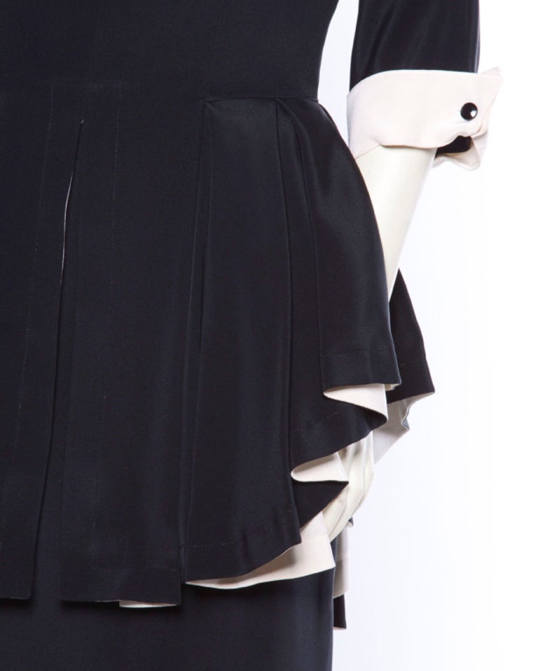 Bernard Perris Paris Vintage Stunning Black and Off White Silk Peplum Dress For Sale 5