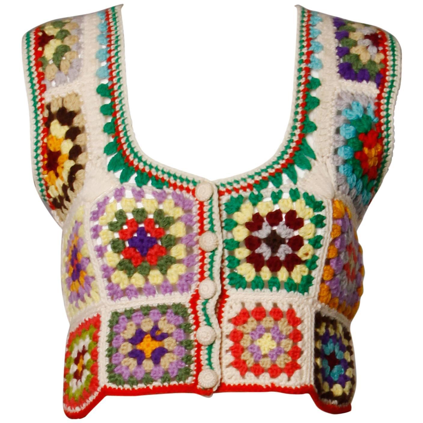 1970s Adolfo Neiman Marcus Vintage Wool Granny Squares Crochet Vest/ Sweater Top