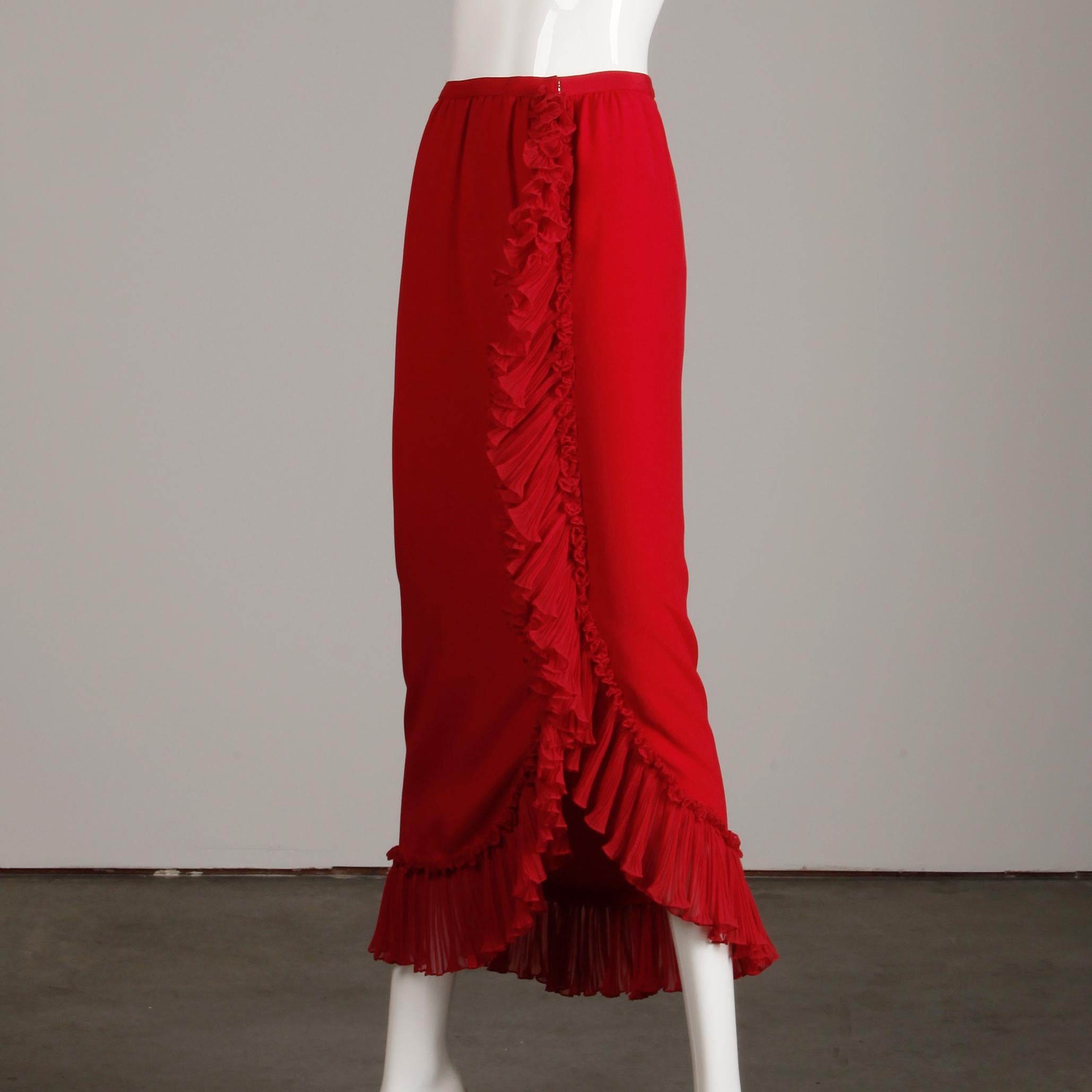 Giorgio Sant'Angelo Vintage Burgundy Red Knife Pleated Ruffle Maxi Skirt, 1970s  1