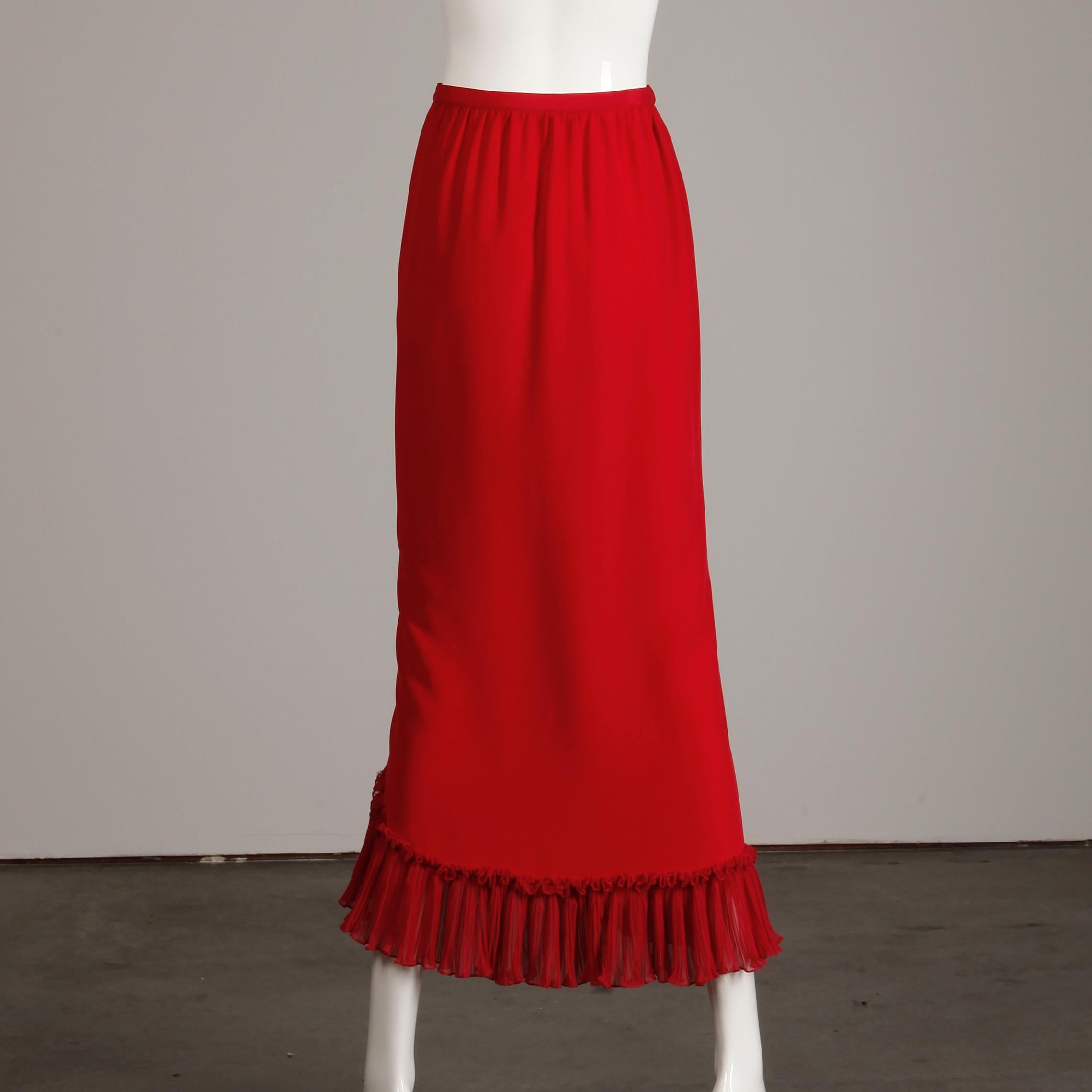 Giorgio Sant'Angelo Vintage Burgundy Red Knife Pleated Ruffle Maxi Skirt, 1970s  3