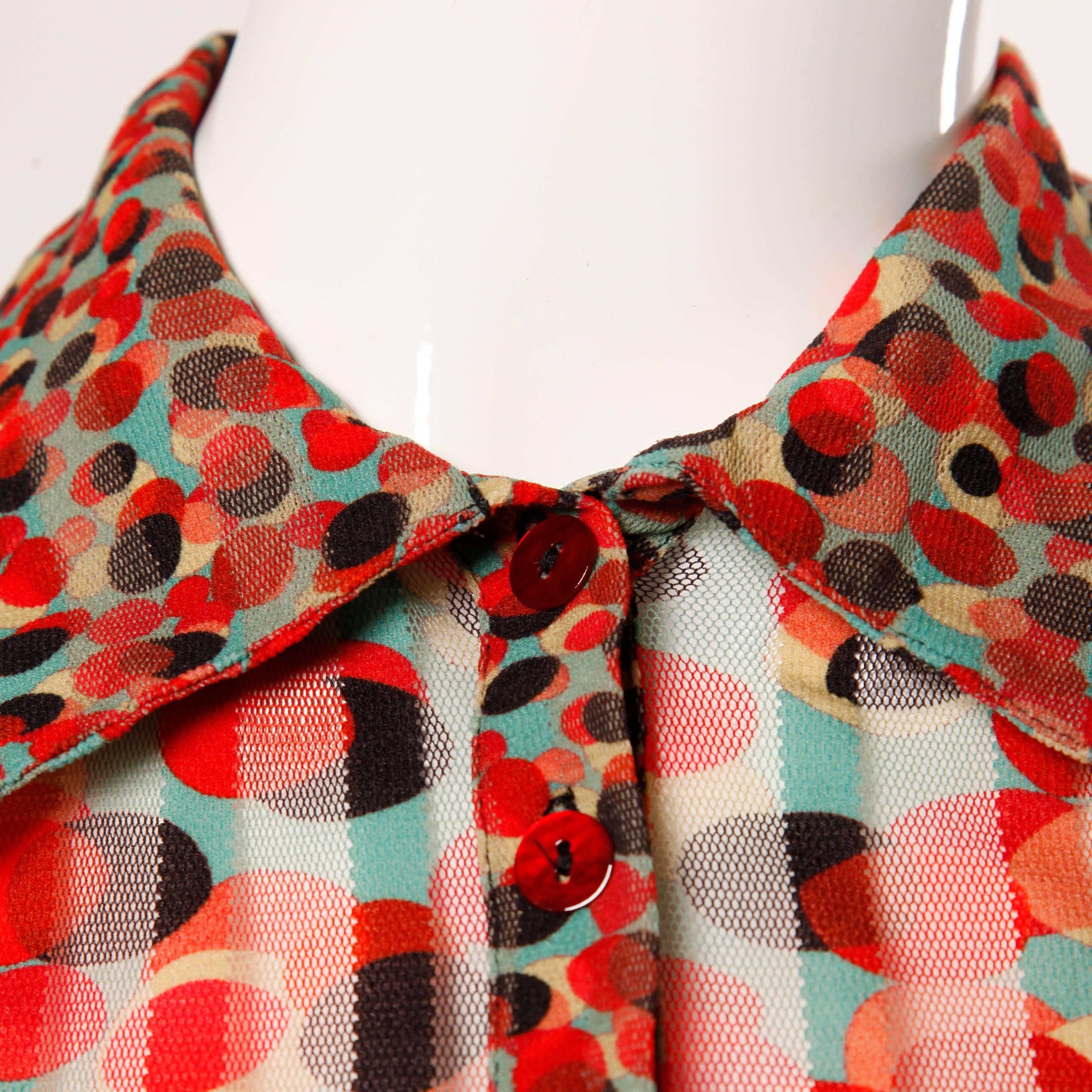 Jean Paul Gaultier Vintage Sheer Mesh Op Art Polka Dot Print Top with Lace Trim In Excellent Condition In Sparks, NV