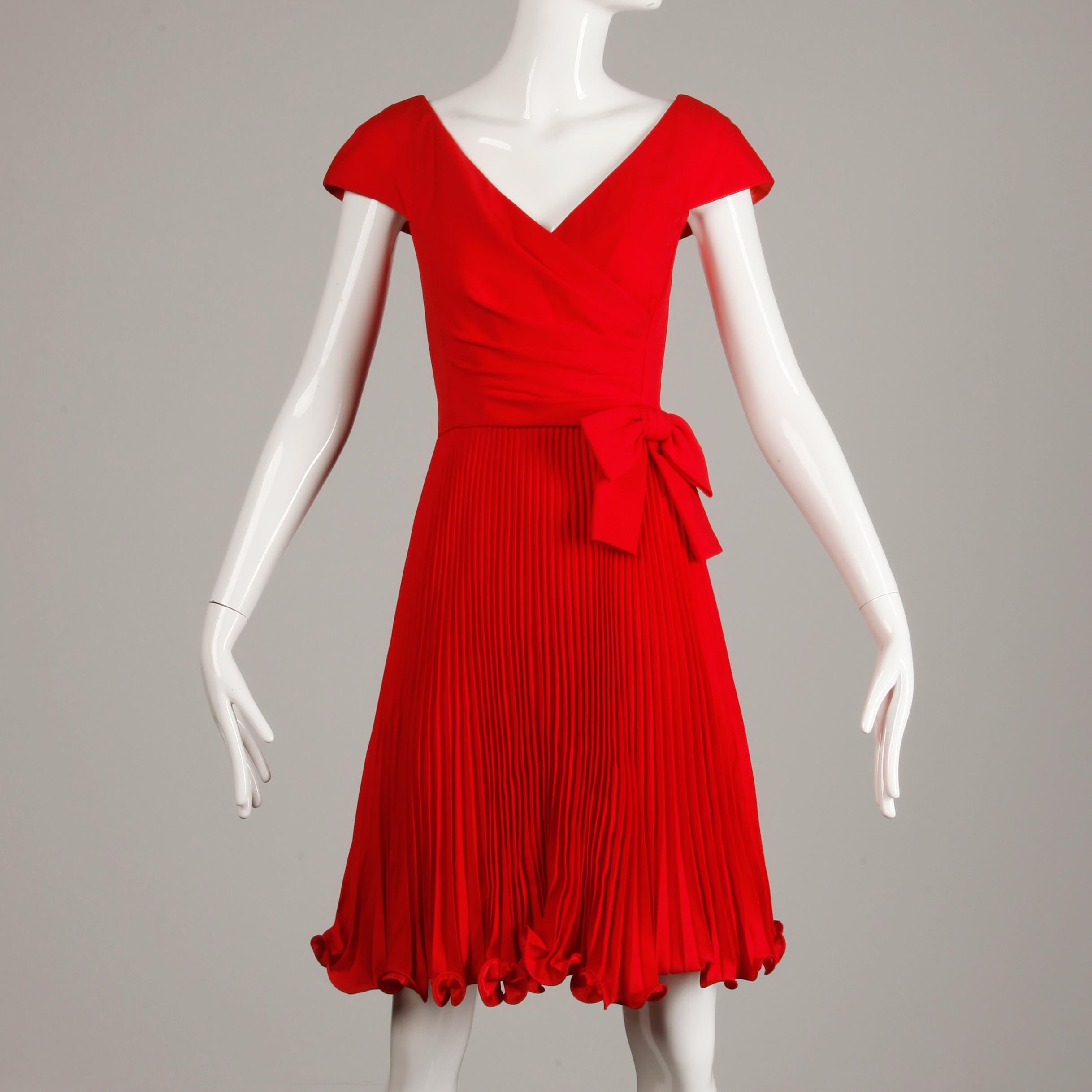 1990s Arnold Scaasi Vintage Red Accordian Pleated Cocktail Dress with Bow Detail 1