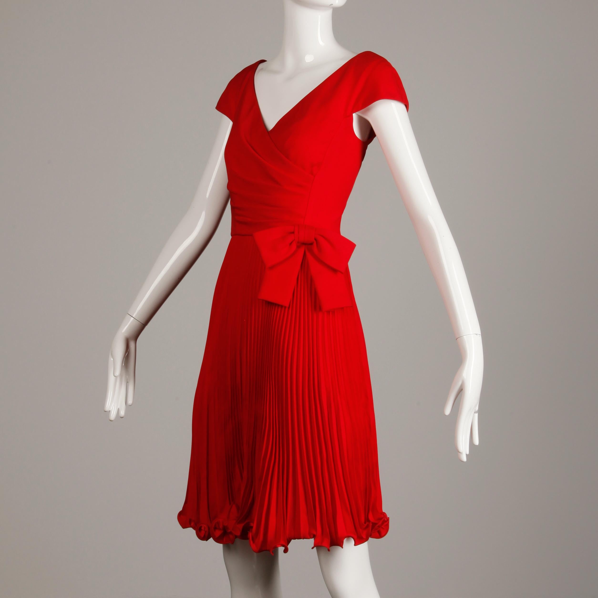 1990s Arnold Scaasi Vintage Red Accordian Pleated Cocktail Dress with Bow Detail In Excellent Condition In Sparks, NV