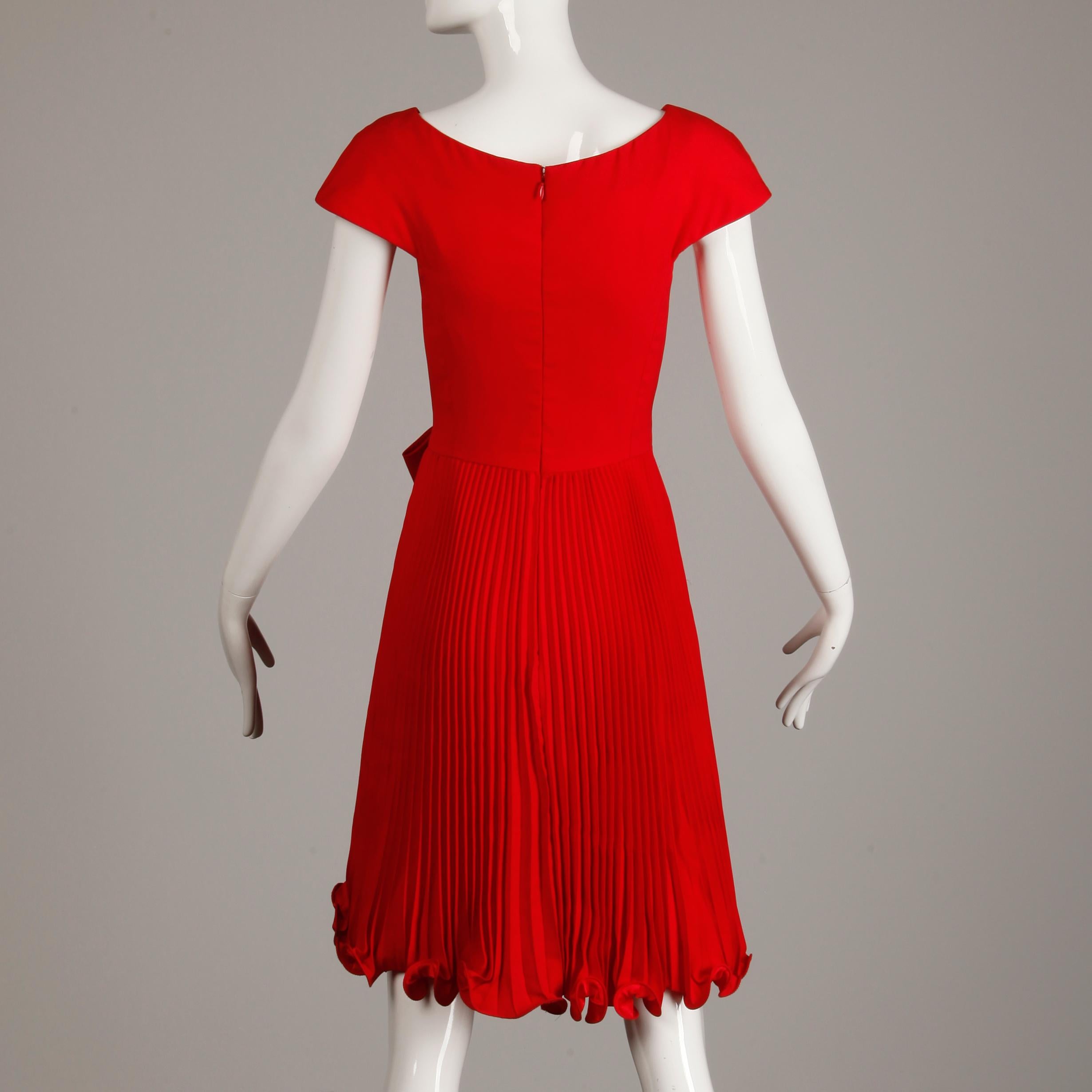 1990s Arnold Scaasi Vintage Red Accordian Pleated Cocktail Dress with Bow Detail 2