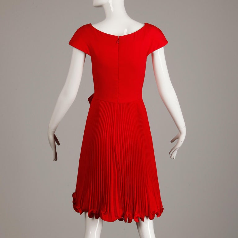 1990s Arnold Scaasi Vintage Red Accordian Pleated Cocktail Dress with ...