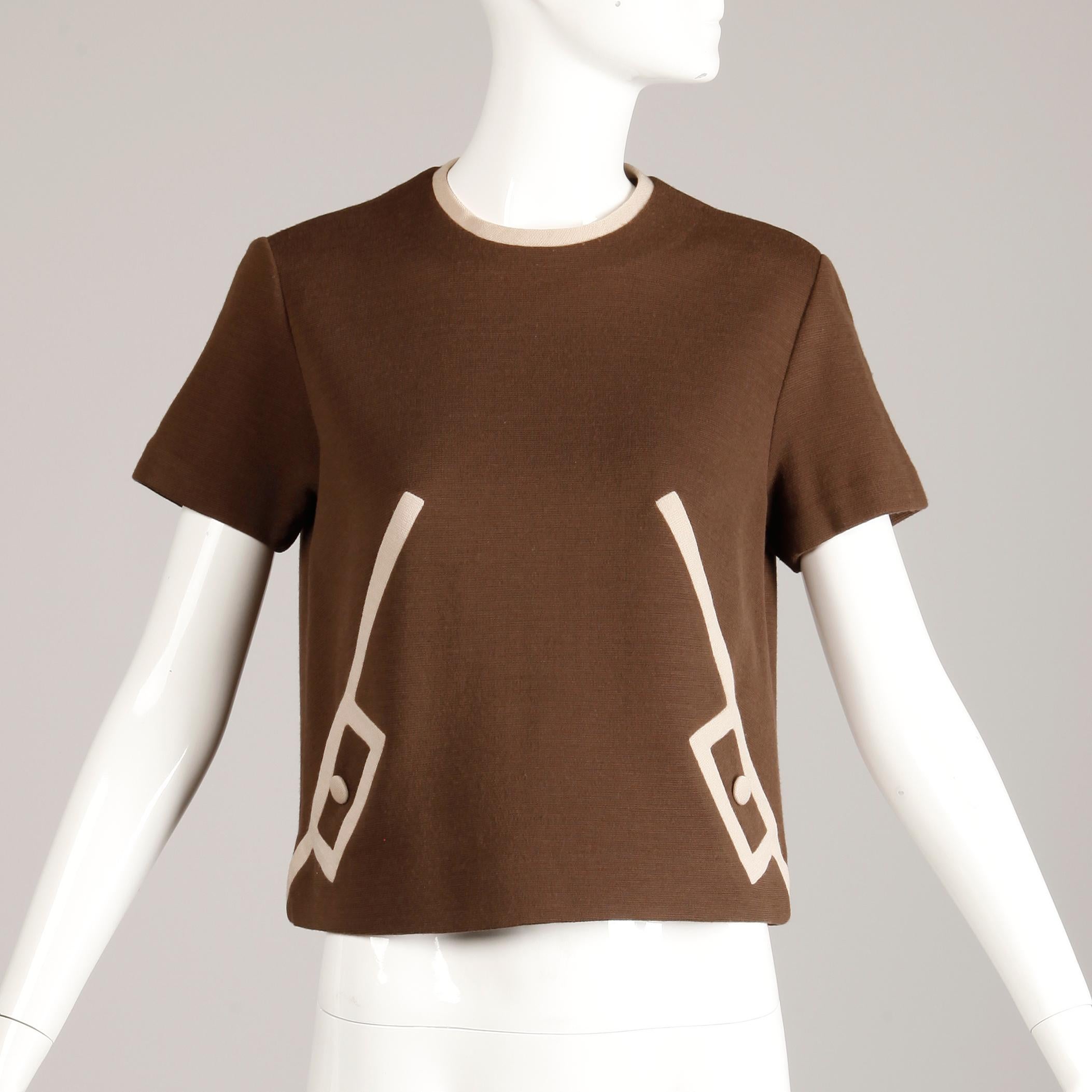 Brown 1960s Vintage Mod Two Tone Color Block 100% Wool Knit Short Sleeve Top/ Shirt