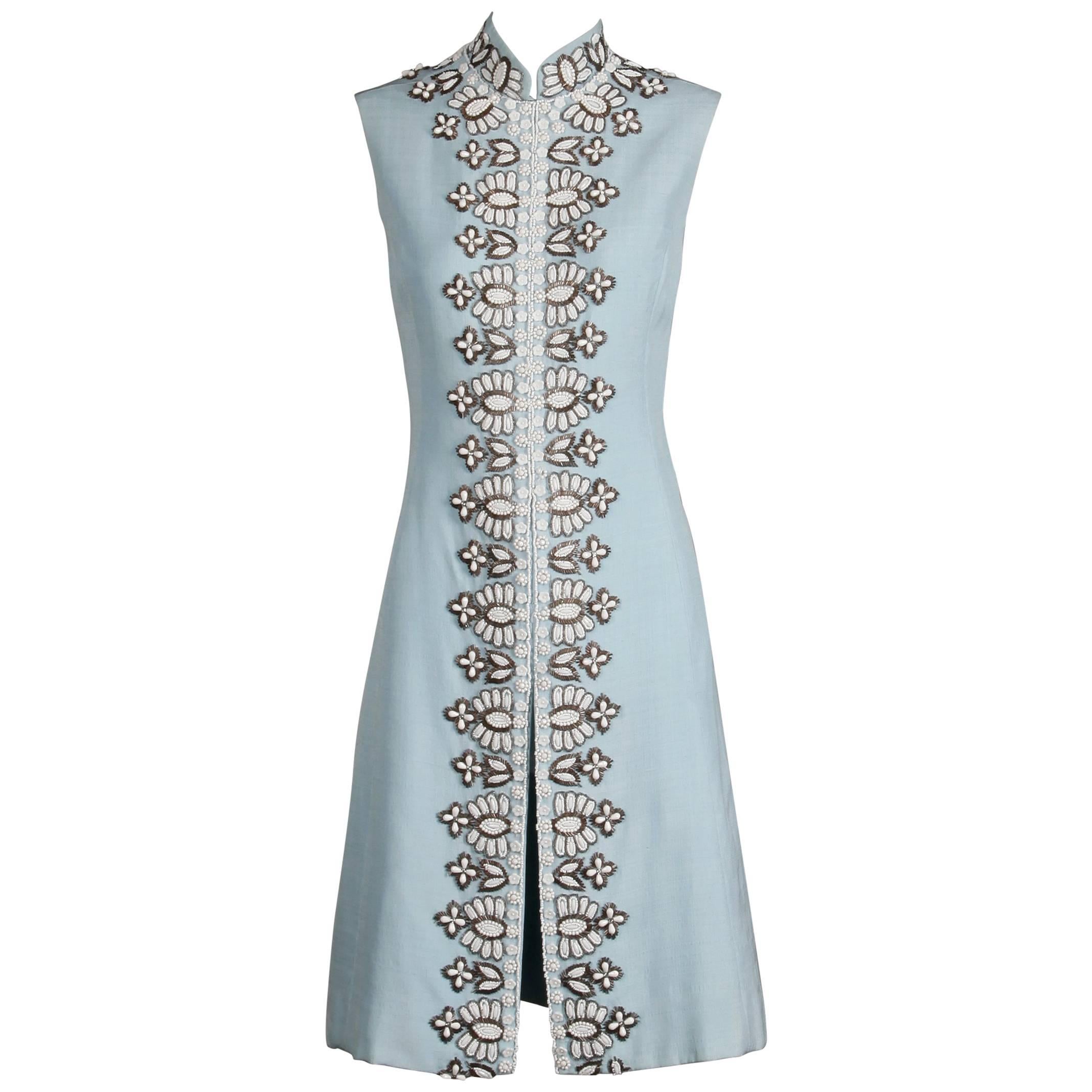 Seaton Vintage Powder Blue Embellished Silk Beaded and Rhinestone Dress, 1960s 