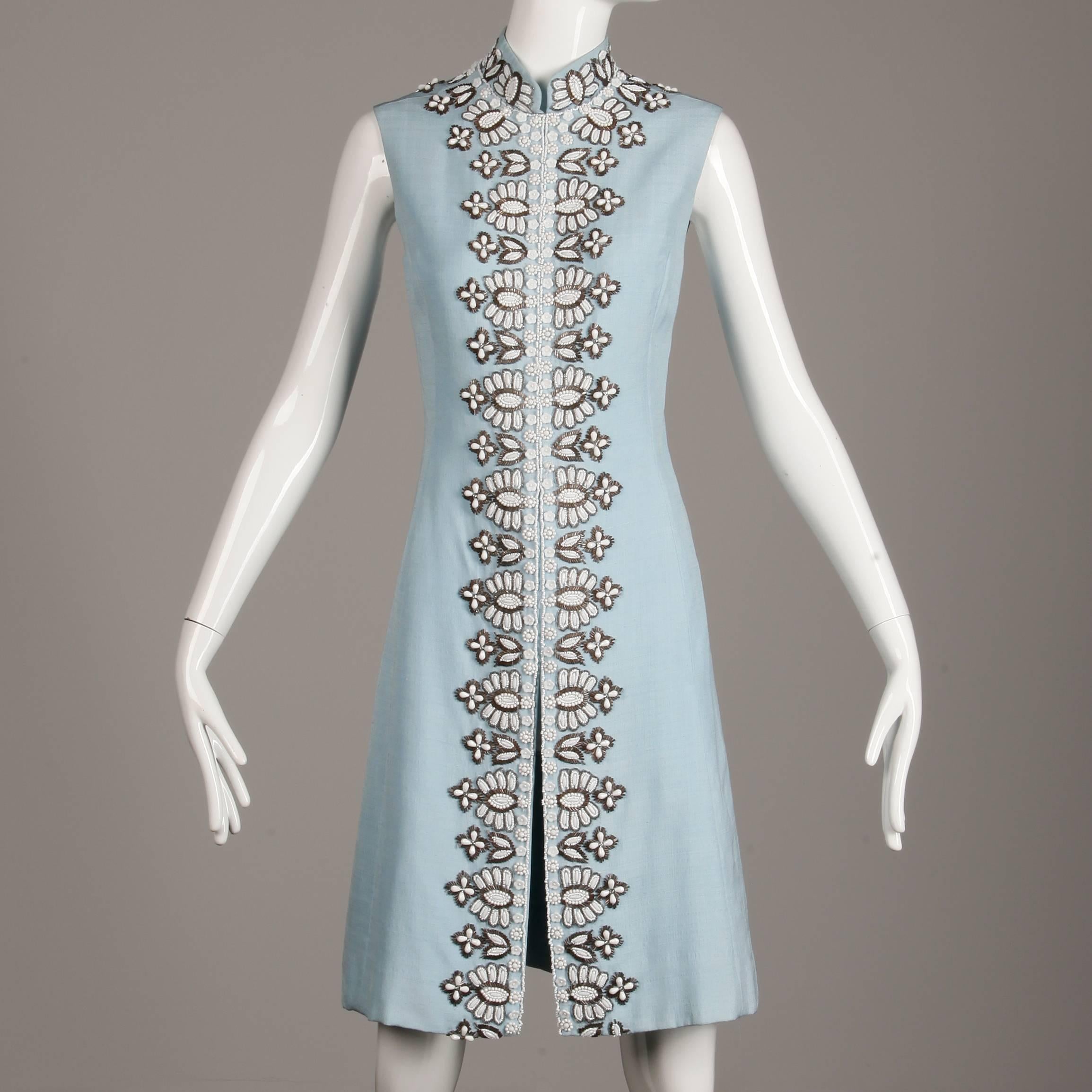 Gray Seaton Vintage Powder Blue Embellished Silk Beaded and Rhinestone Dress, 1960s 