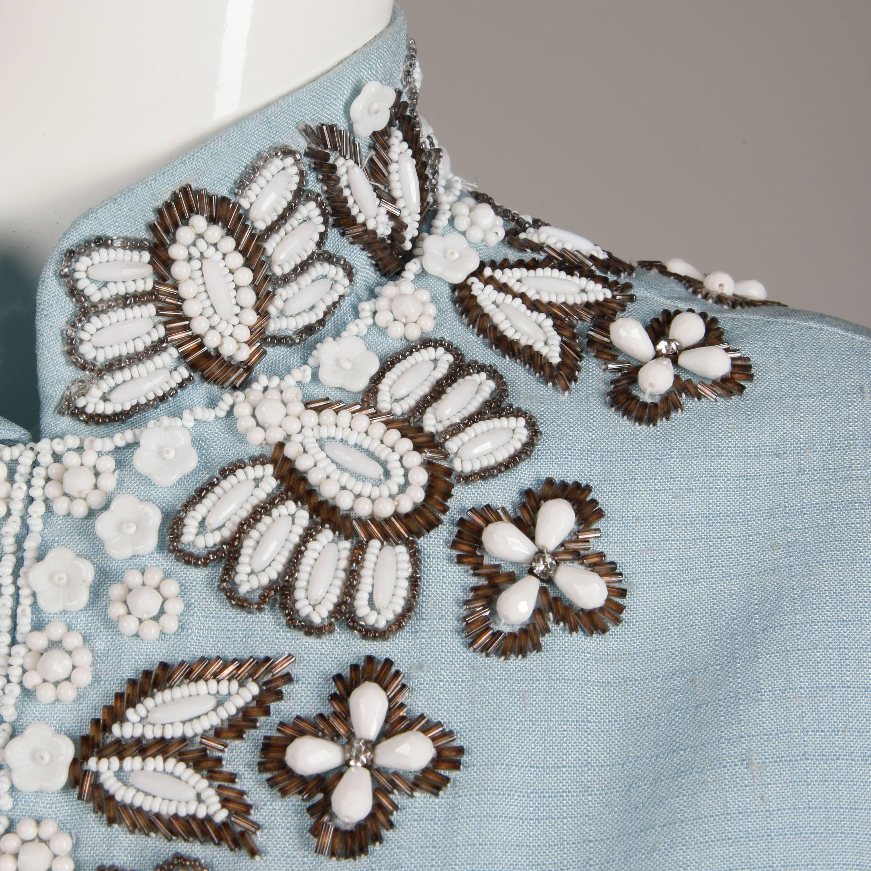 Seaton Vintage Powder Blue Embellished Silk Beaded and Rhinestone Dress, 1960s  In Excellent Condition In Sparks, NV