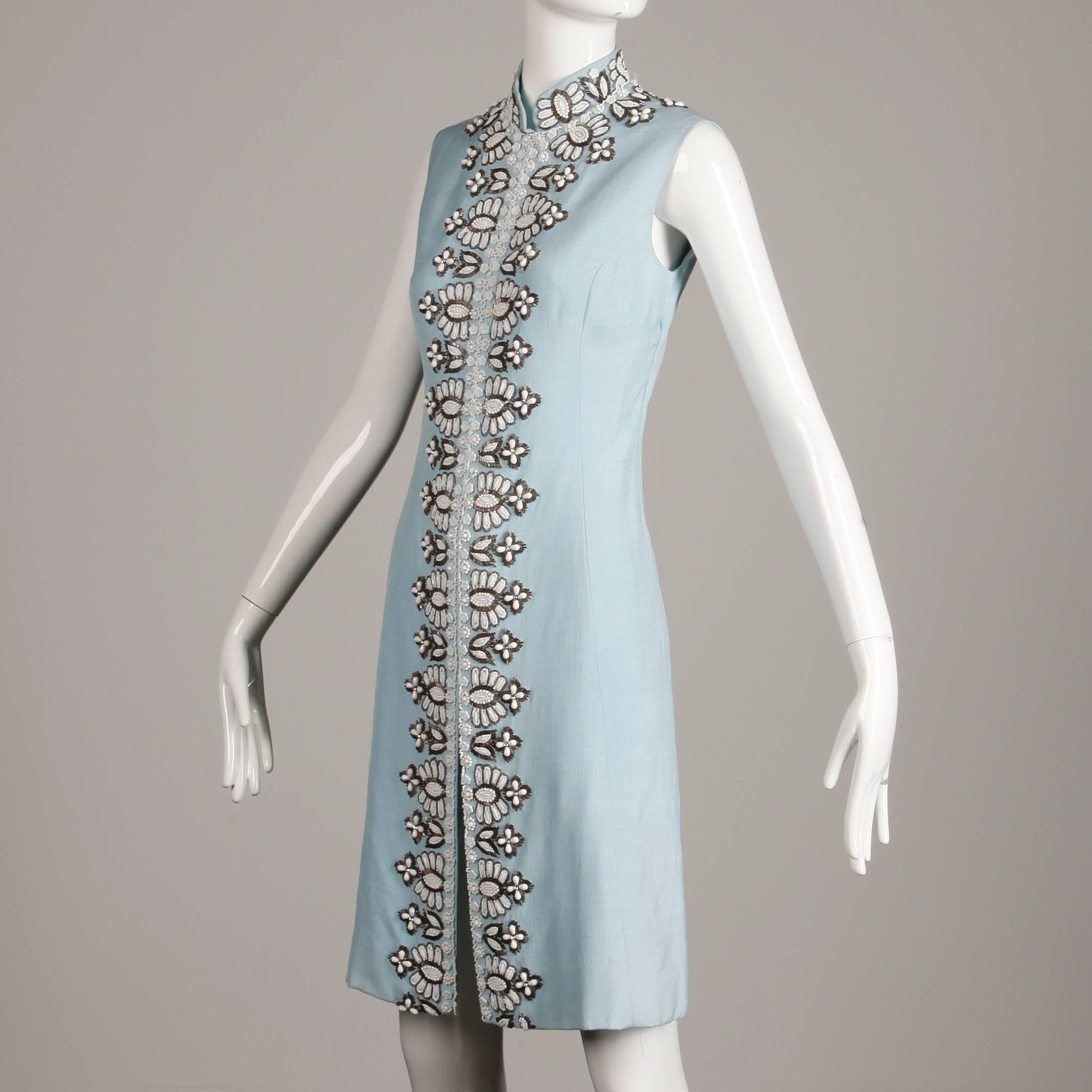 Women's Seaton Vintage Powder Blue Embellished Silk Beaded and Rhinestone Dress, 1960s 