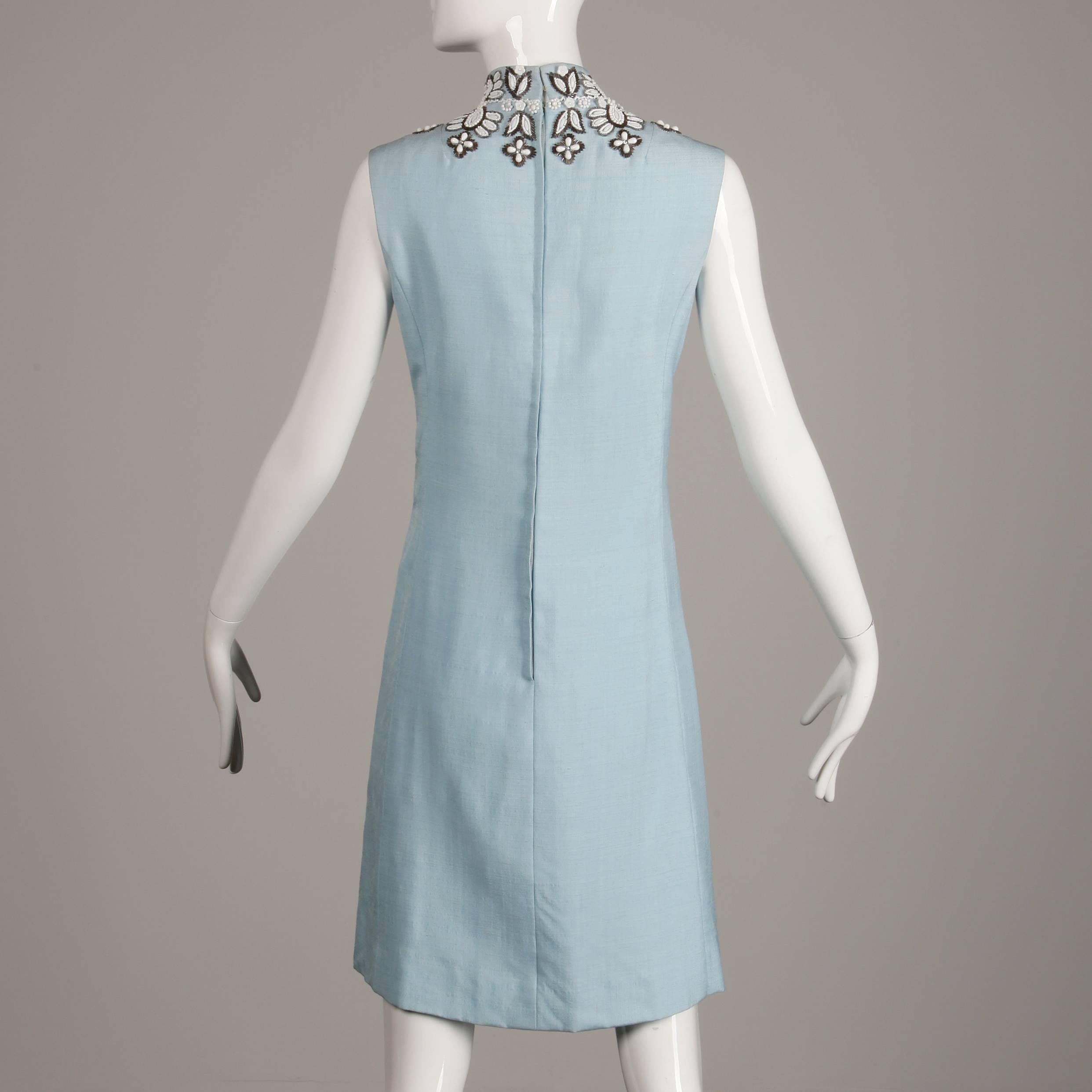 Seaton Vintage Powder Blue Embellished Silk Beaded and Rhinestone Dress, 1960s  1