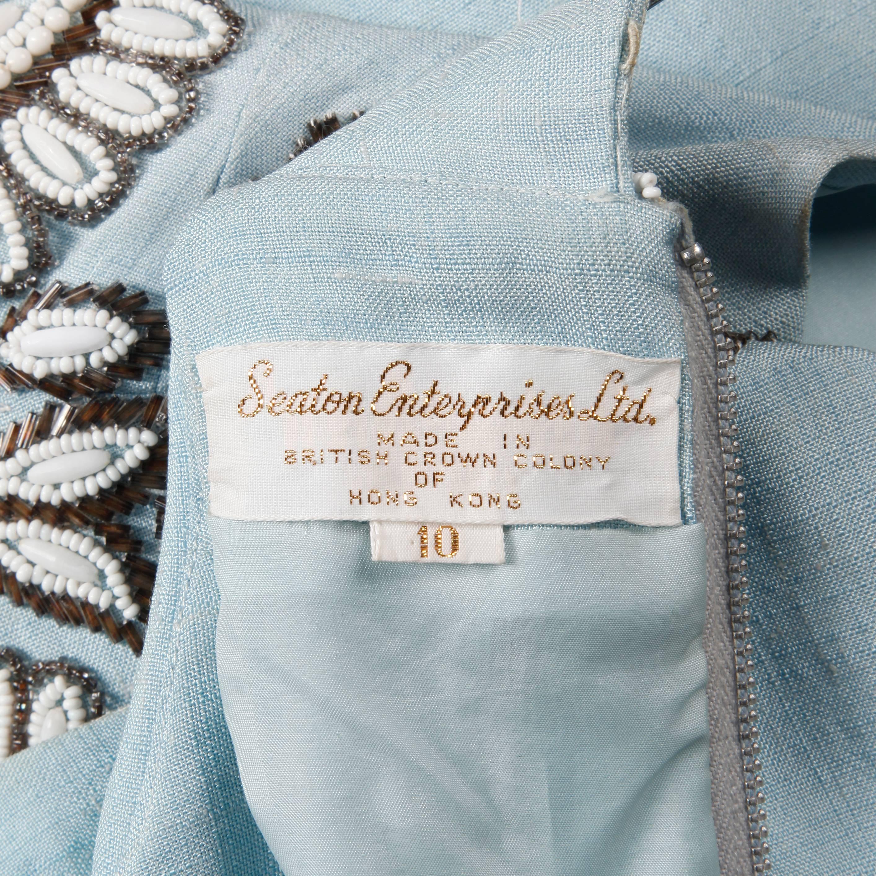 Seaton Vintage Powder Blue Embellished Silk Beaded and Rhinestone Dress, 1960s  2