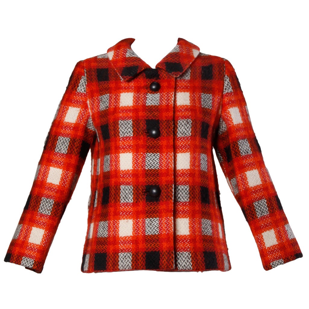 Chaqueta de lana a cuadros vintage Donald Brooks de los años 60 con botones de piel de bobo Rojo en venta