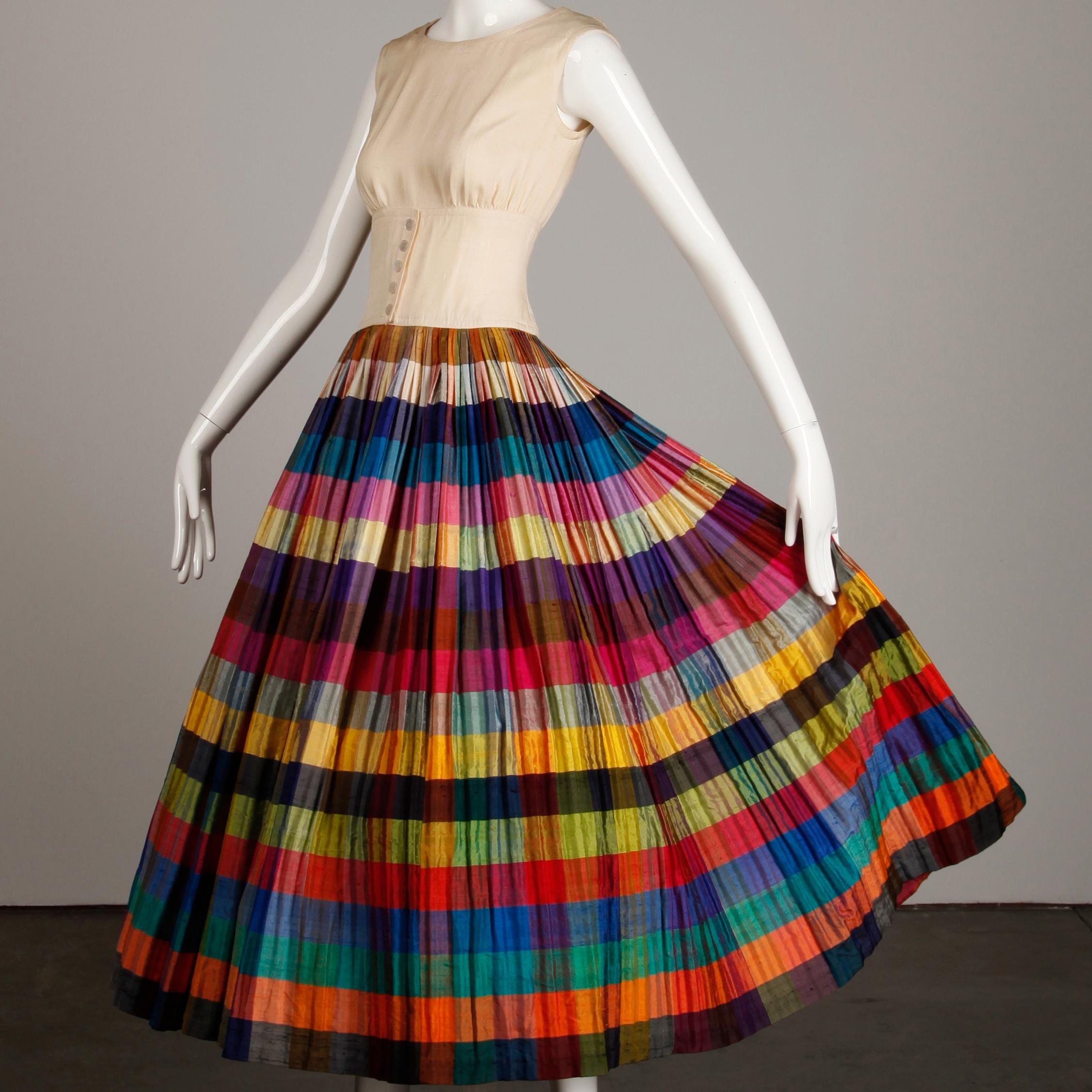 Black Nina Ricci Vintage Silk Pleated Striped Dress with a Full Sweep, 1950s 
