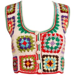 1970s Adolfo Vintage Wool Granny Squares Hand Crochet Sweater Vest or Top