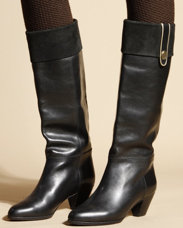 Vintage Christian Dior Black Leather Riding Boots Size 5 For Sale at