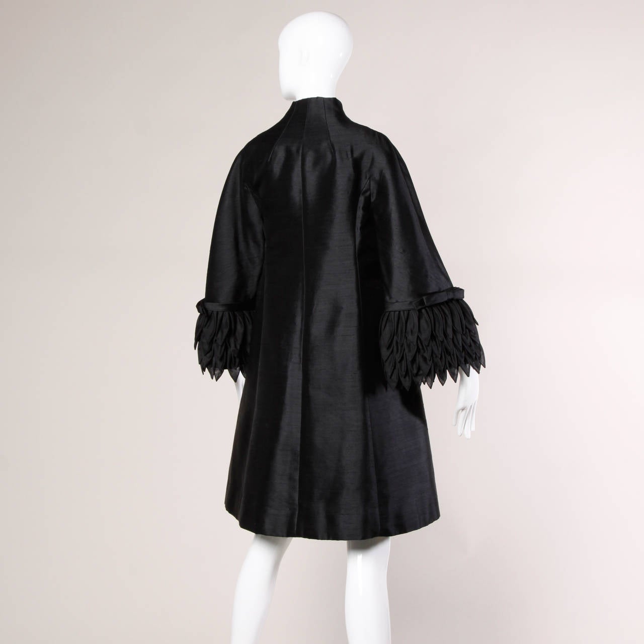 Black 1960s Vinchi Vintage Italian Sculptural Silk + Wool Petal Swing Coat For Sale
