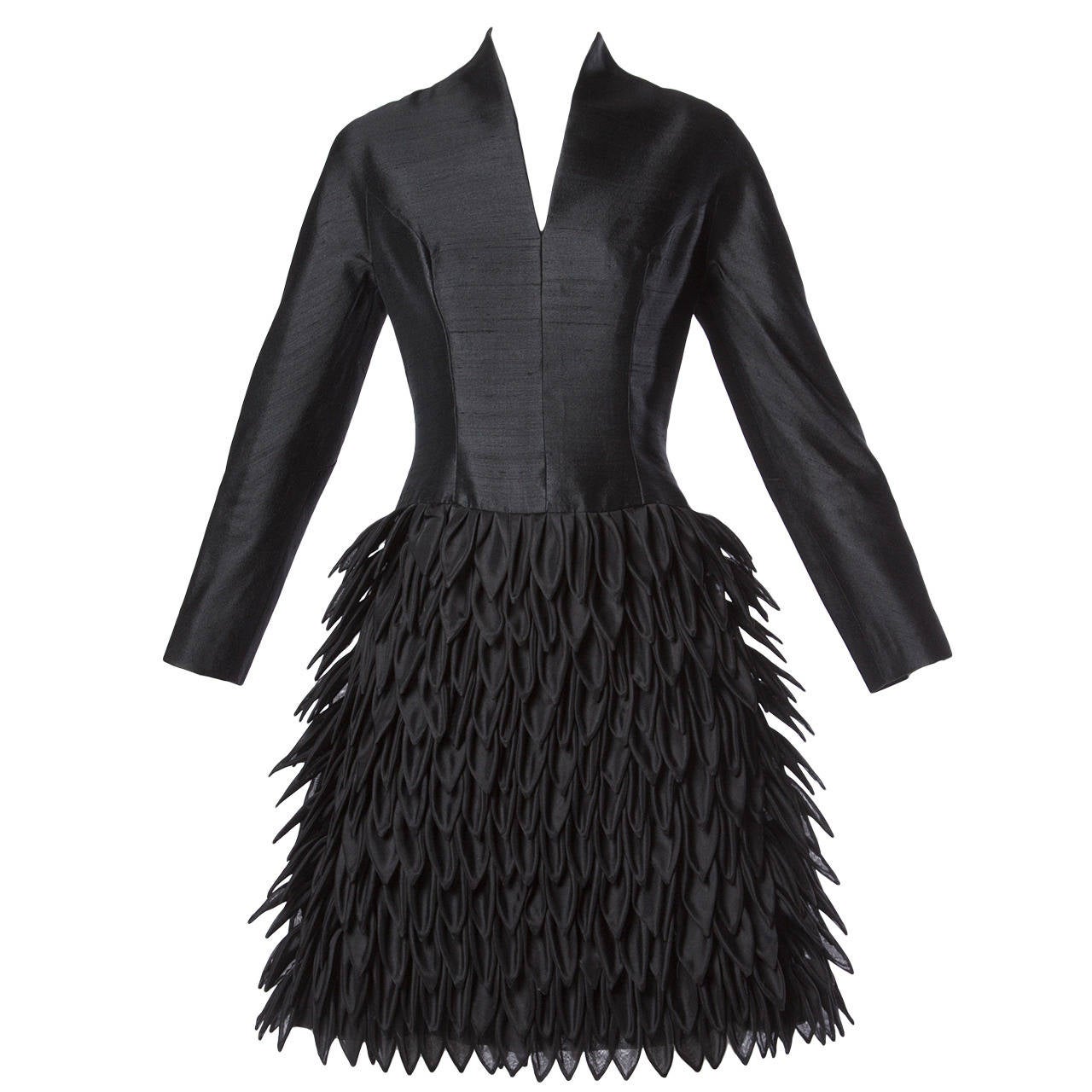 1960s Vinchi Vintage Black Sculptural Silk + Wool Organza Petal Dress For Sale