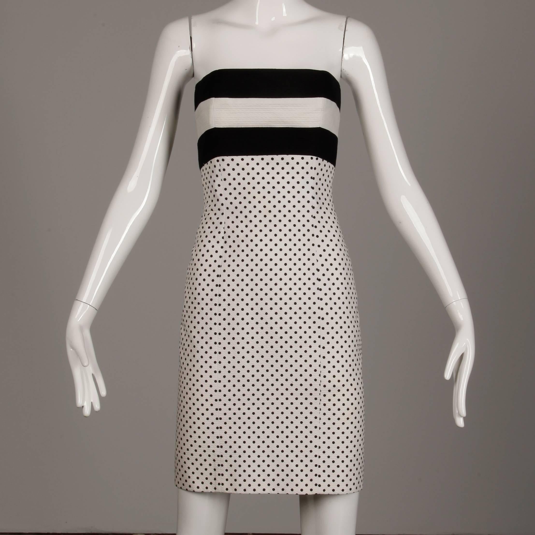 Gray 1980s Escada Vintage Black + White Polka Dot Striped Print Strapless Dress For Sale