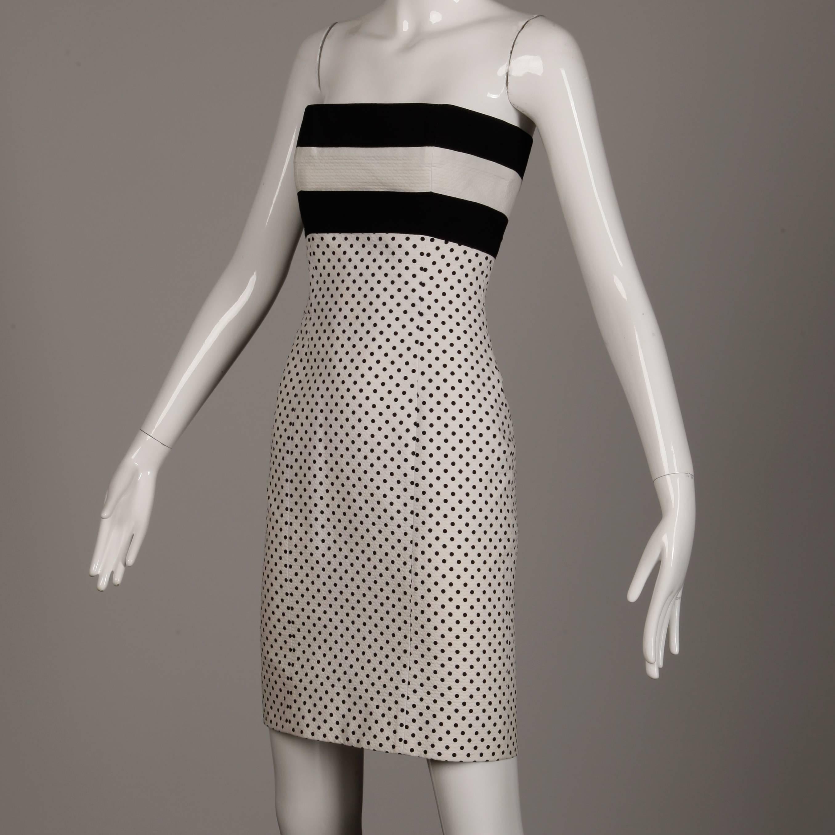 1980s Escada Vintage Black + White Polka Dot Striped Print Strapless Dress In Excellent Condition For Sale In Sparks, NV