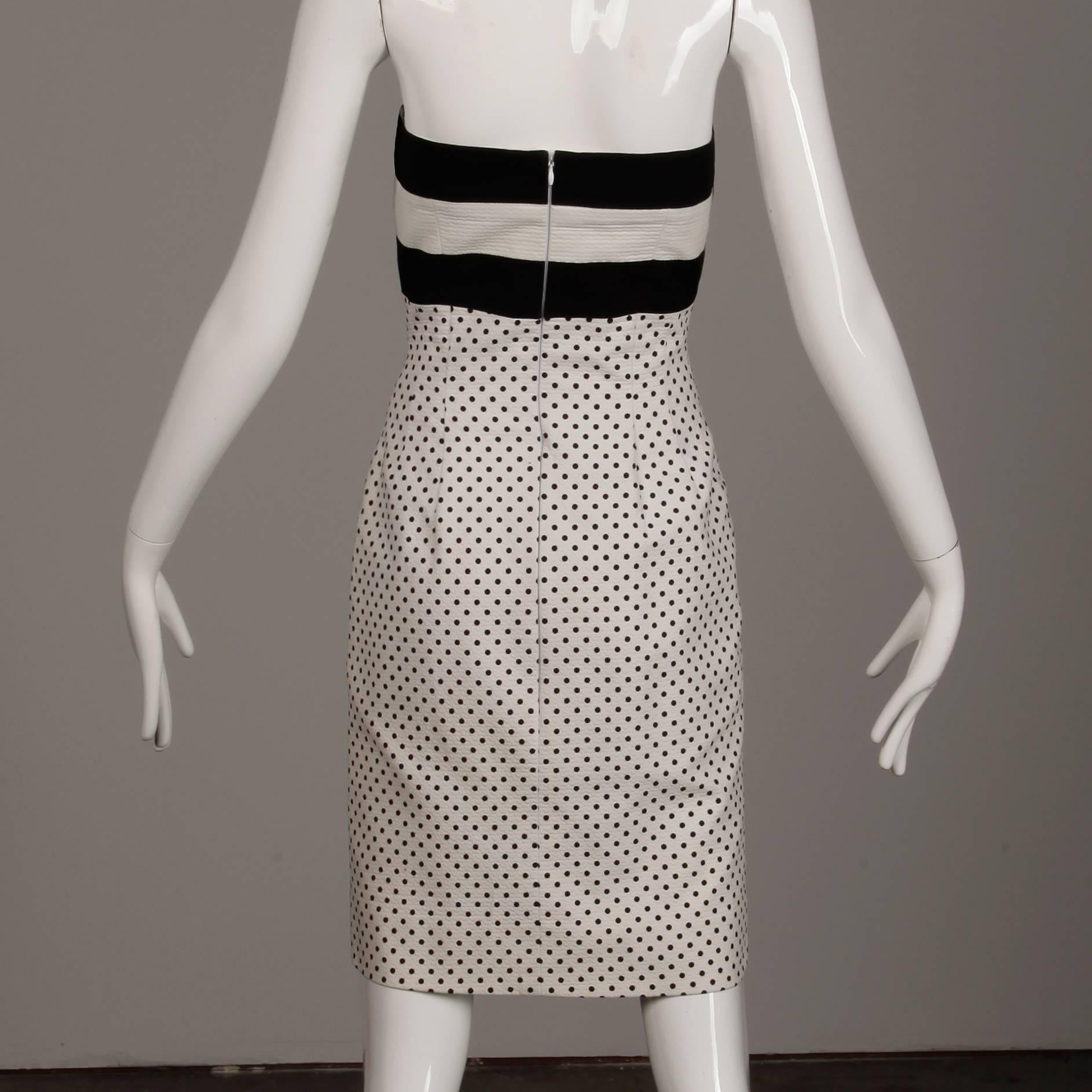 Women's 1980s Escada Vintage Black + White Polka Dot Striped Print Strapless Dress For Sale