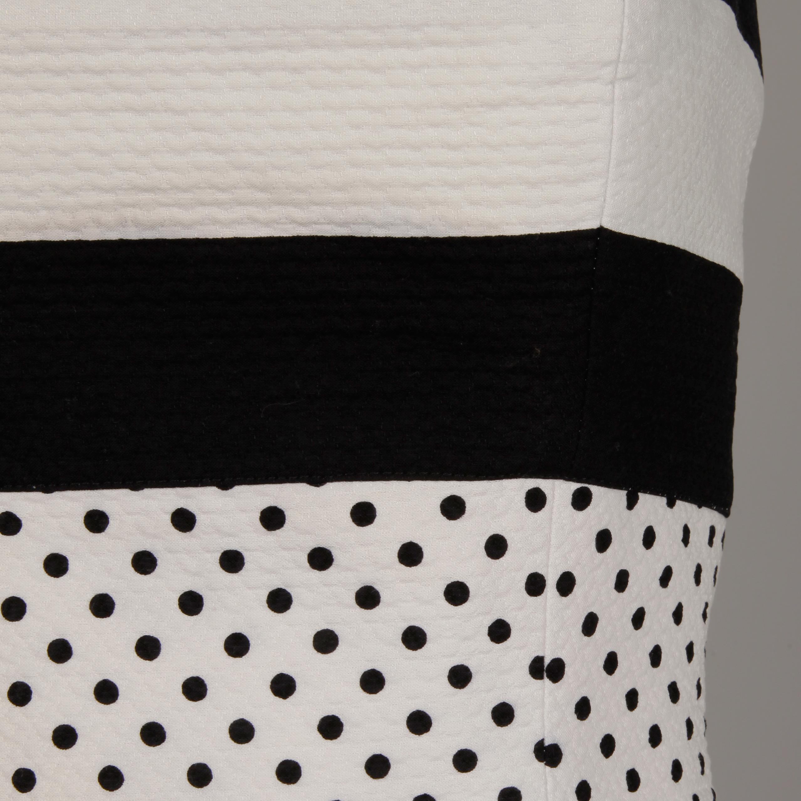 1980s Escada Vintage Black + White Polka Dot Striped Print Strapless Dress For Sale 1