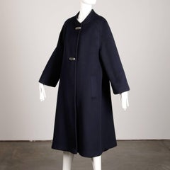1960s Vintage Navy Blue Wool Swing Coat with Silver Buttons by Greenleaf