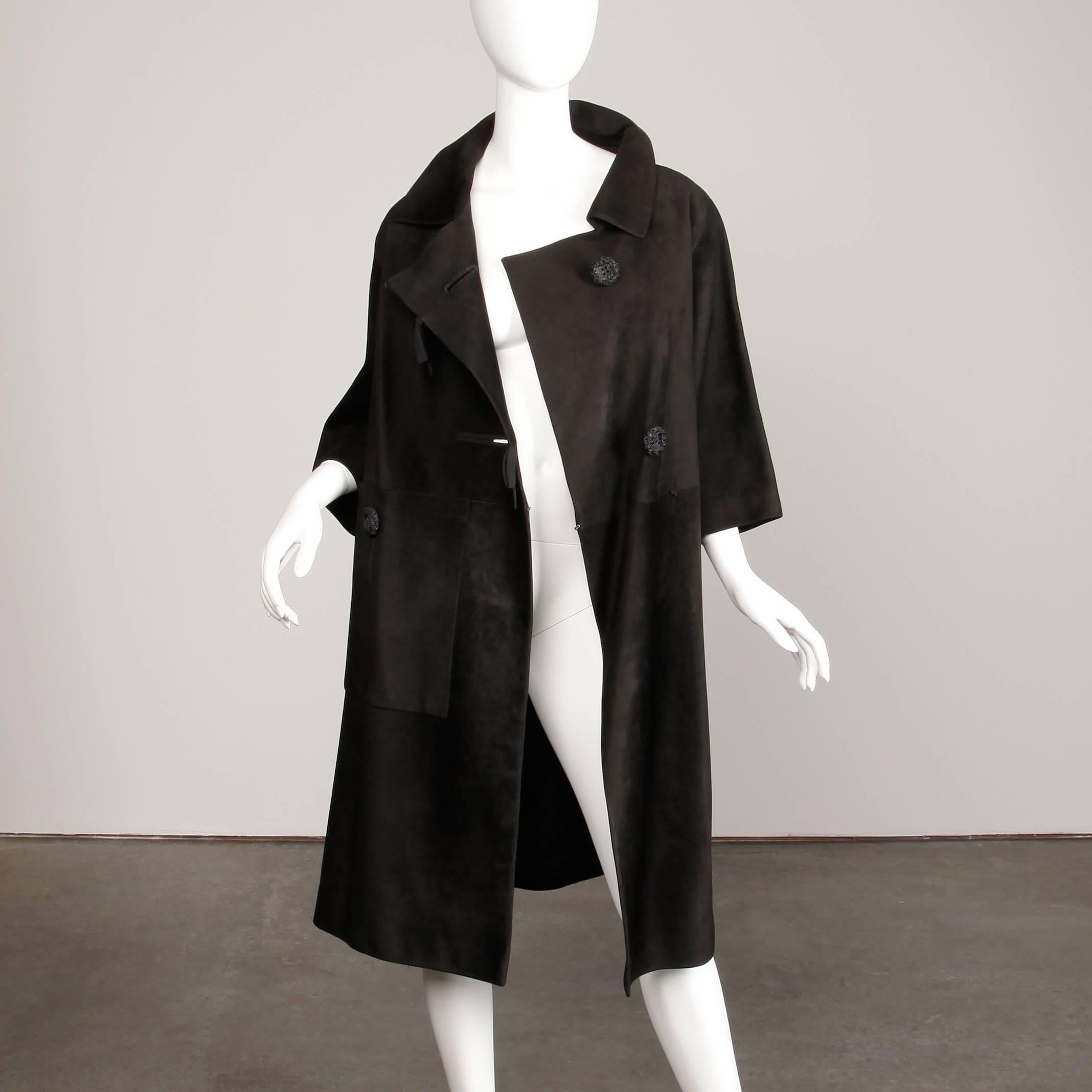 Rare 1960s Loewe Vintage Black Suede Leather Swing Coat with Cropped Sleeves In Excellent Condition In Sparks, NV