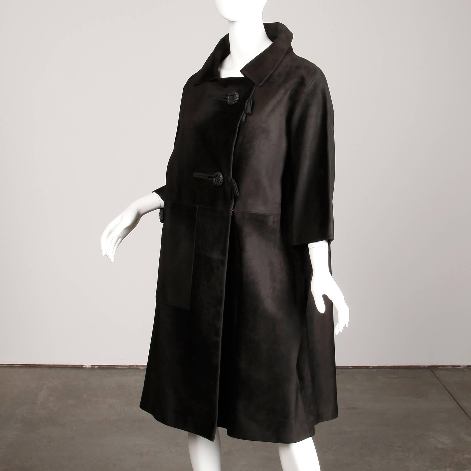 Women's Rare 1960s Loewe Vintage Black Suede Leather Swing Coat with Cropped Sleeves