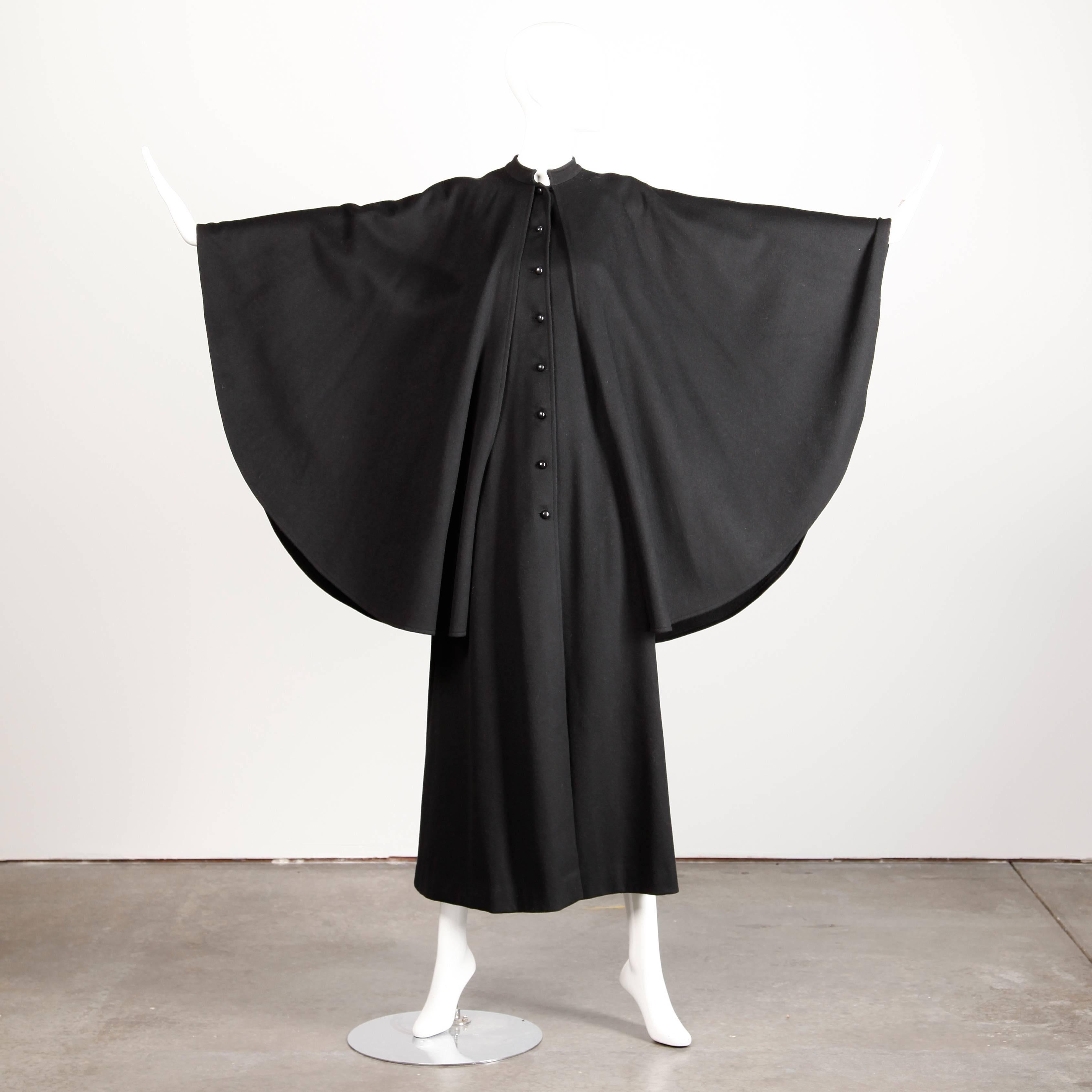 1970s YSL Yves Saint Laurent Vintage Long Black Heavy Wool Cape Coat 2