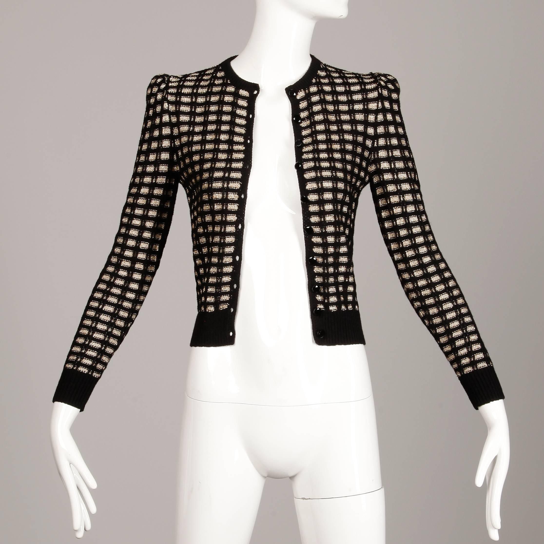 Women's 1970s St. John Vintage Knit Metallic Gold + Black Button Up Cardigan Sweater Top