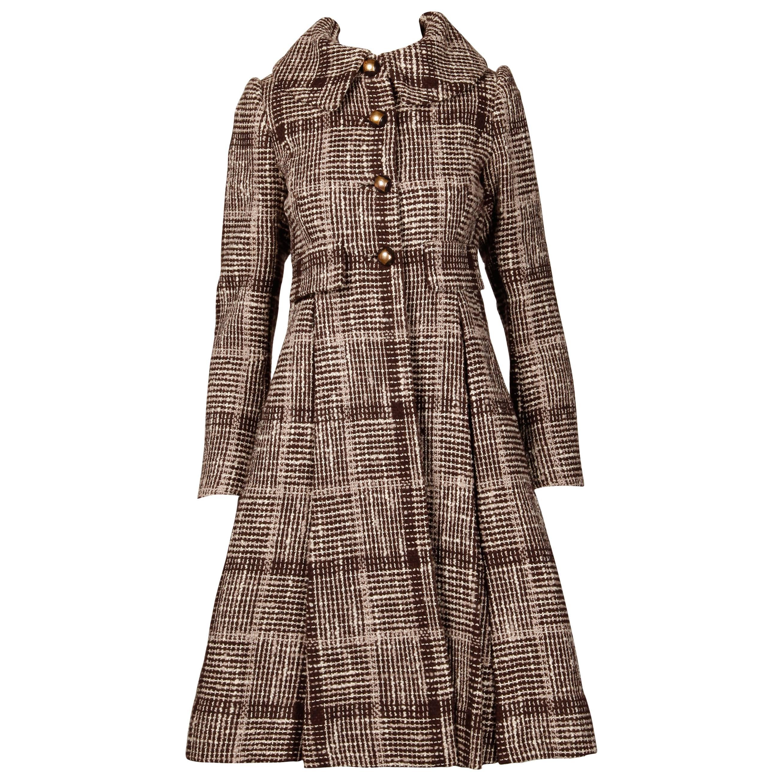 1960s Cardinali Vintage Wool Tweed Princess Coat with Box Pleats + Brass Buttons