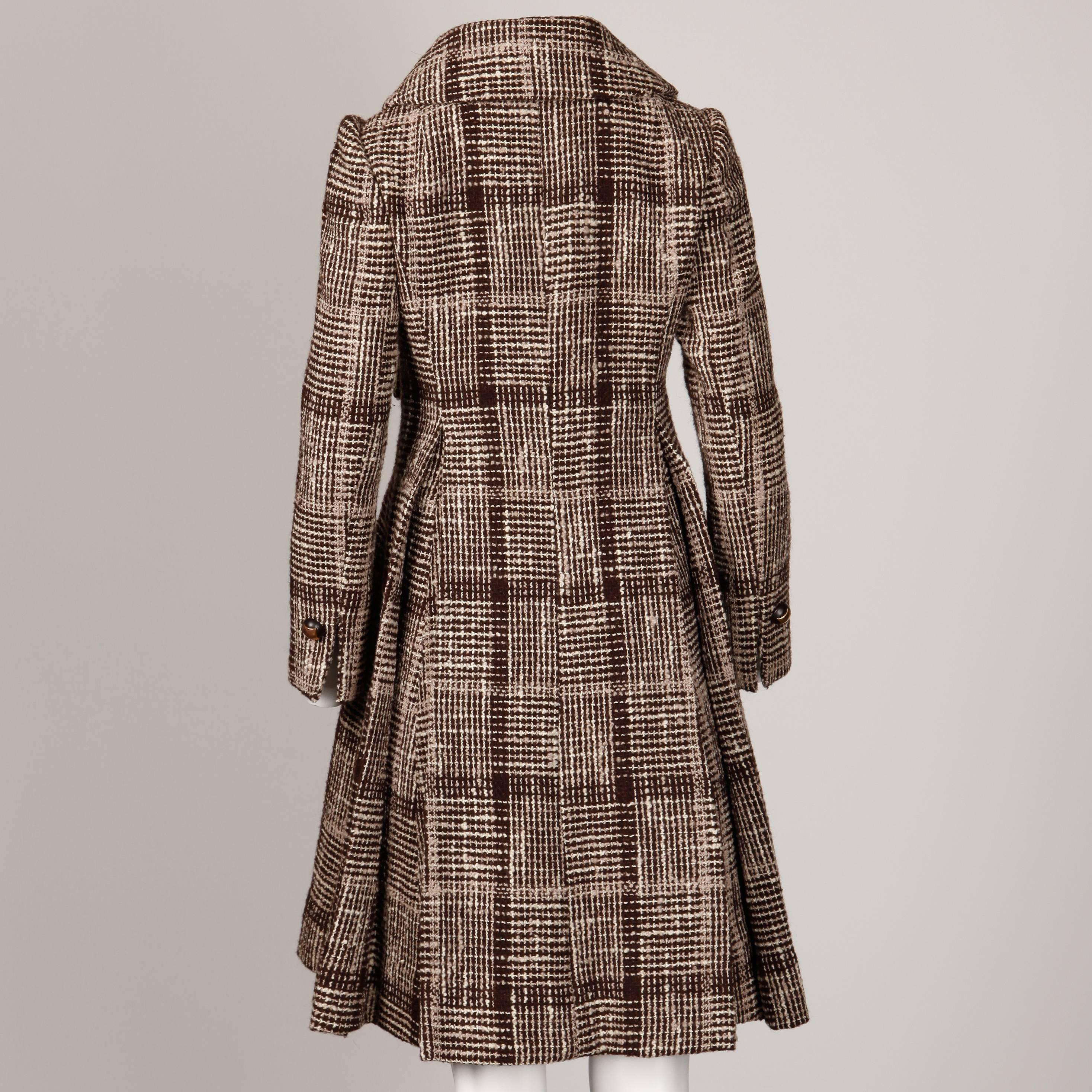 Brown 1960s Cardinali Vintage Wool Tweed Princess Coat with Box Pleats + Brass Buttons