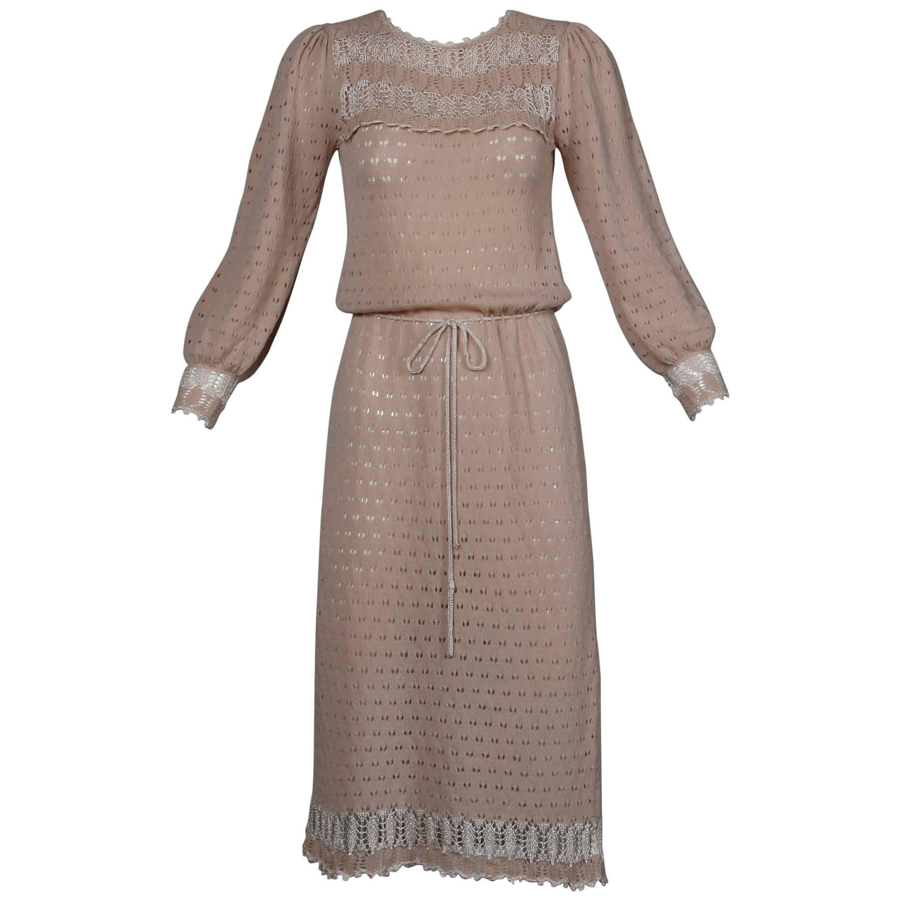 1970s Oscar de la Renta Vintage Dusty Pink/ Blush Knit + Crochet Sweater Dress